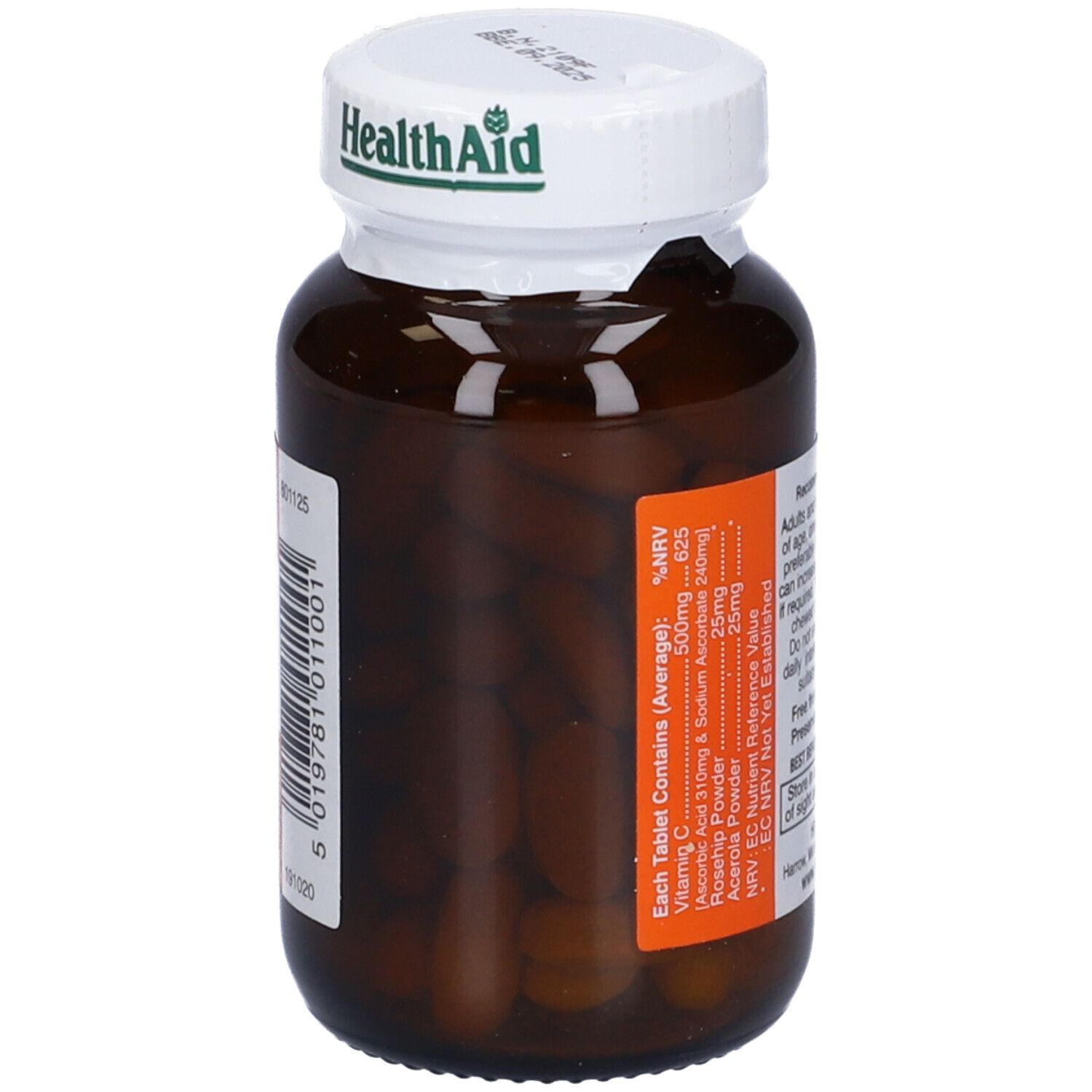 Flacone marrone con tappo bianco. Health Aid Vitamina C 500mg compresse. Compresse visibili. Vegetariano.