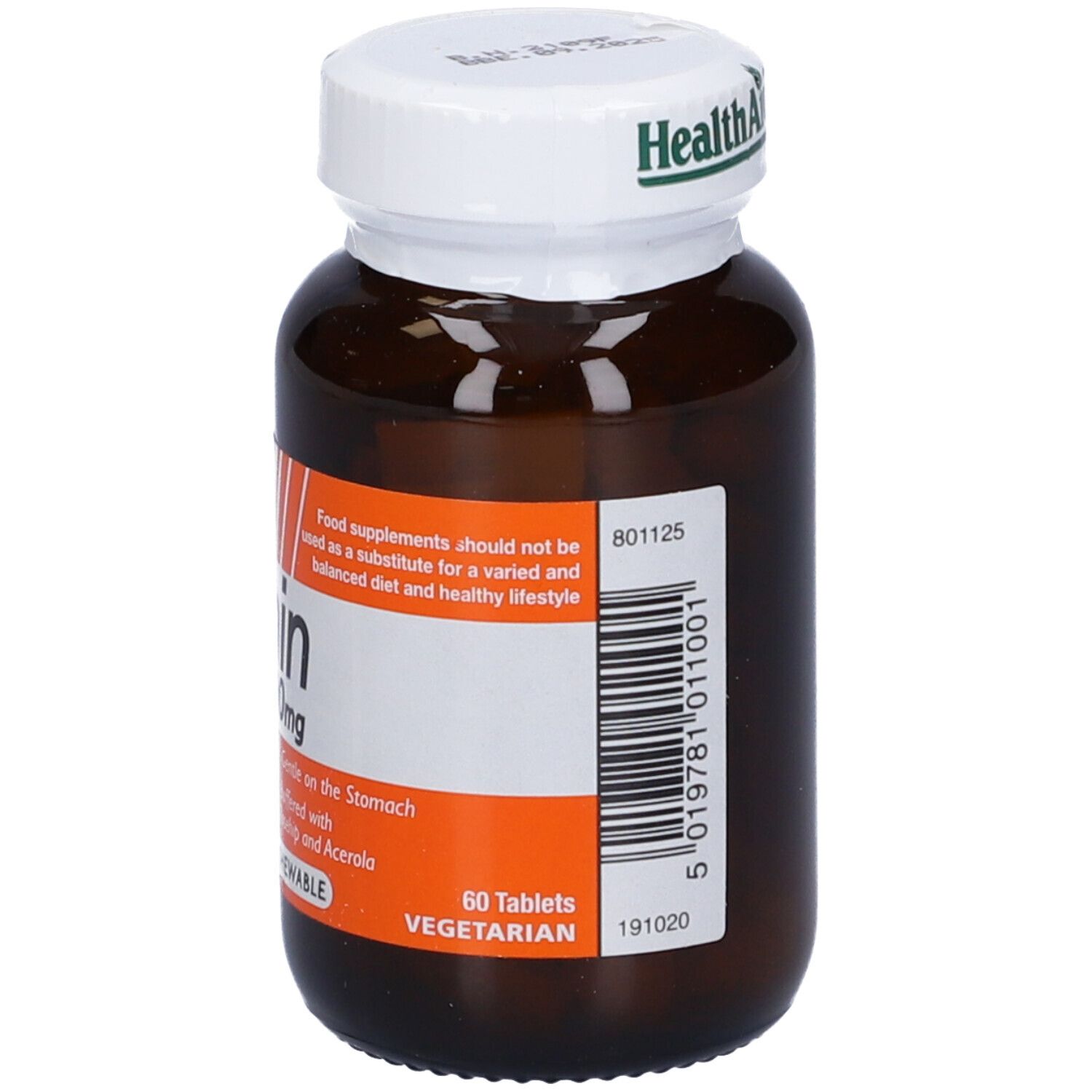 Flacone marrone con tappo bianco. Health Aid Vitamina C 500mg compresse. Retro con informazioni. Vegetariano.
