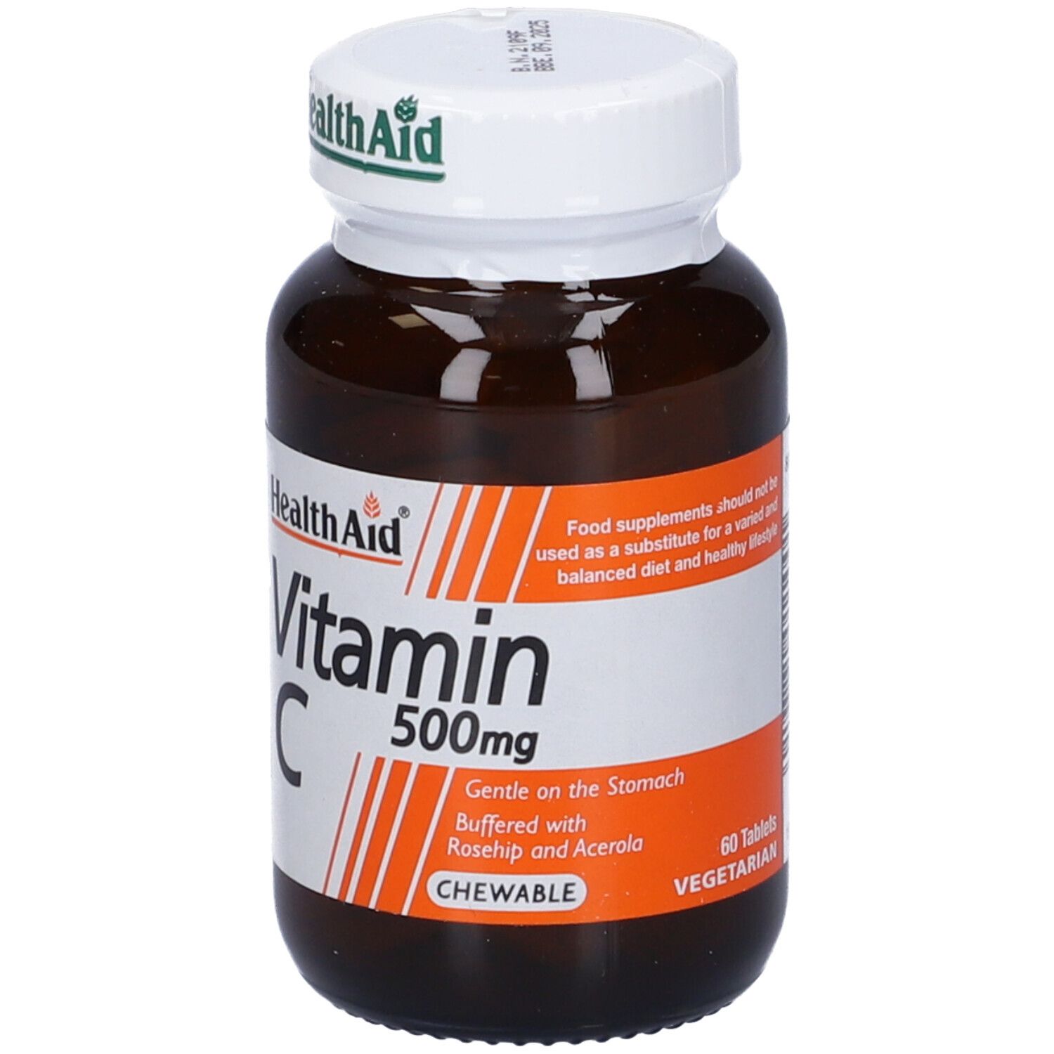 Flacone marrone con tappo bianco. Health Aid Vitamina C 500mg compresse. 60 compresse. Vegetariano.