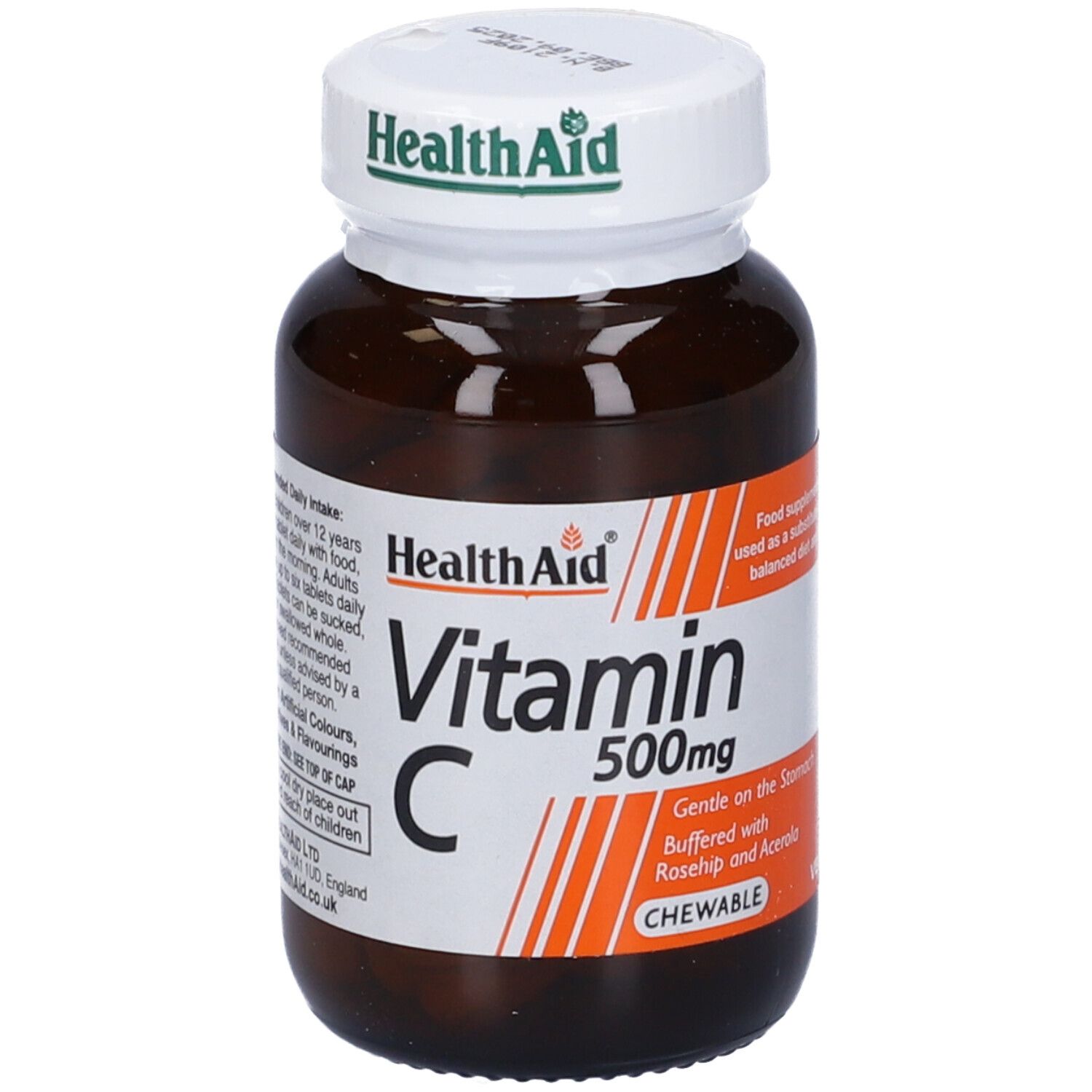 Flacone marrone con tappo bianco. Health Aid Vitamina C 500mg compresse. 60 compresse. Vegetariano.