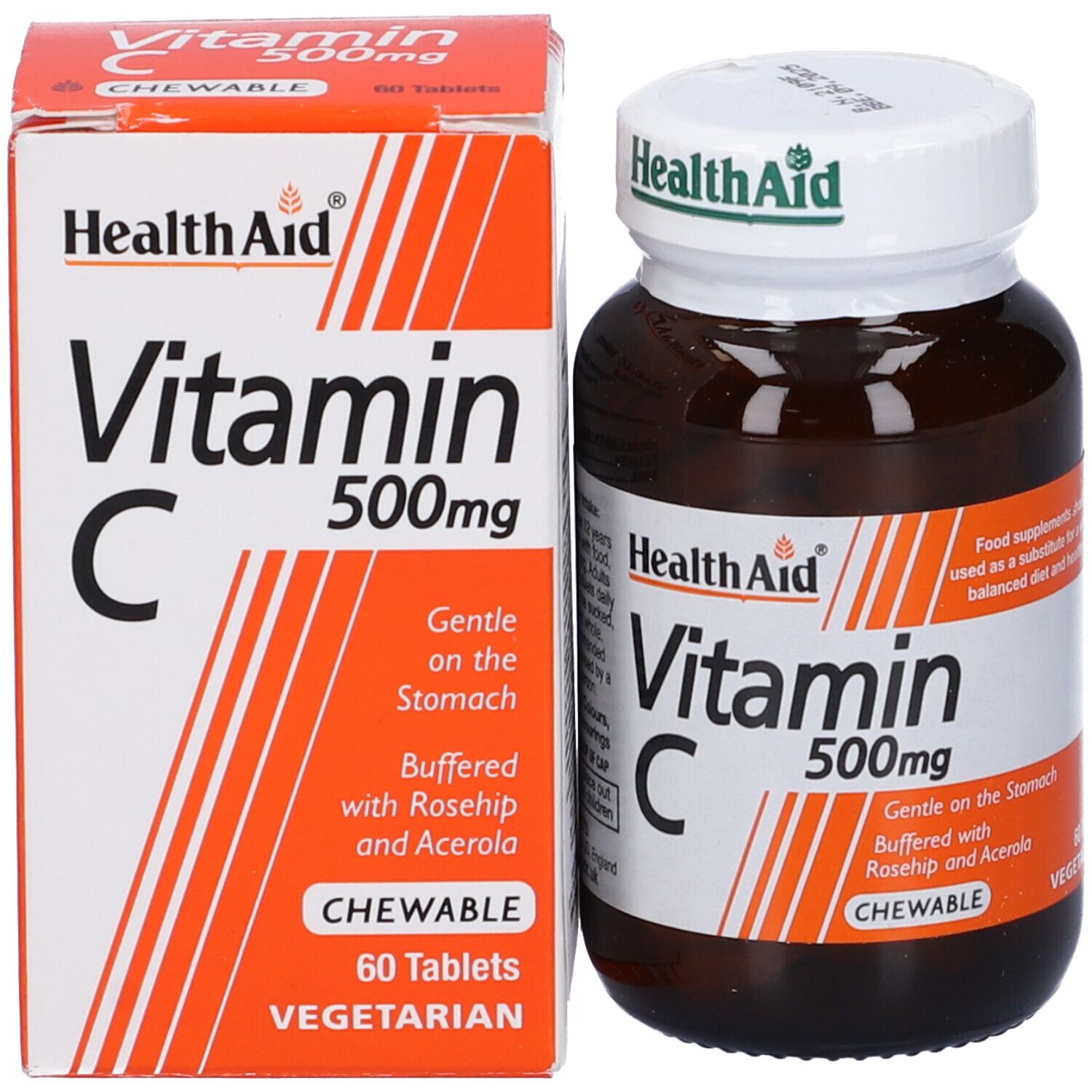 Health Aid Vitamina C 500mg compresse e flacone. 60 compresse. Vegetariano. Masticabile. Flacone marrone con tappo bianco.