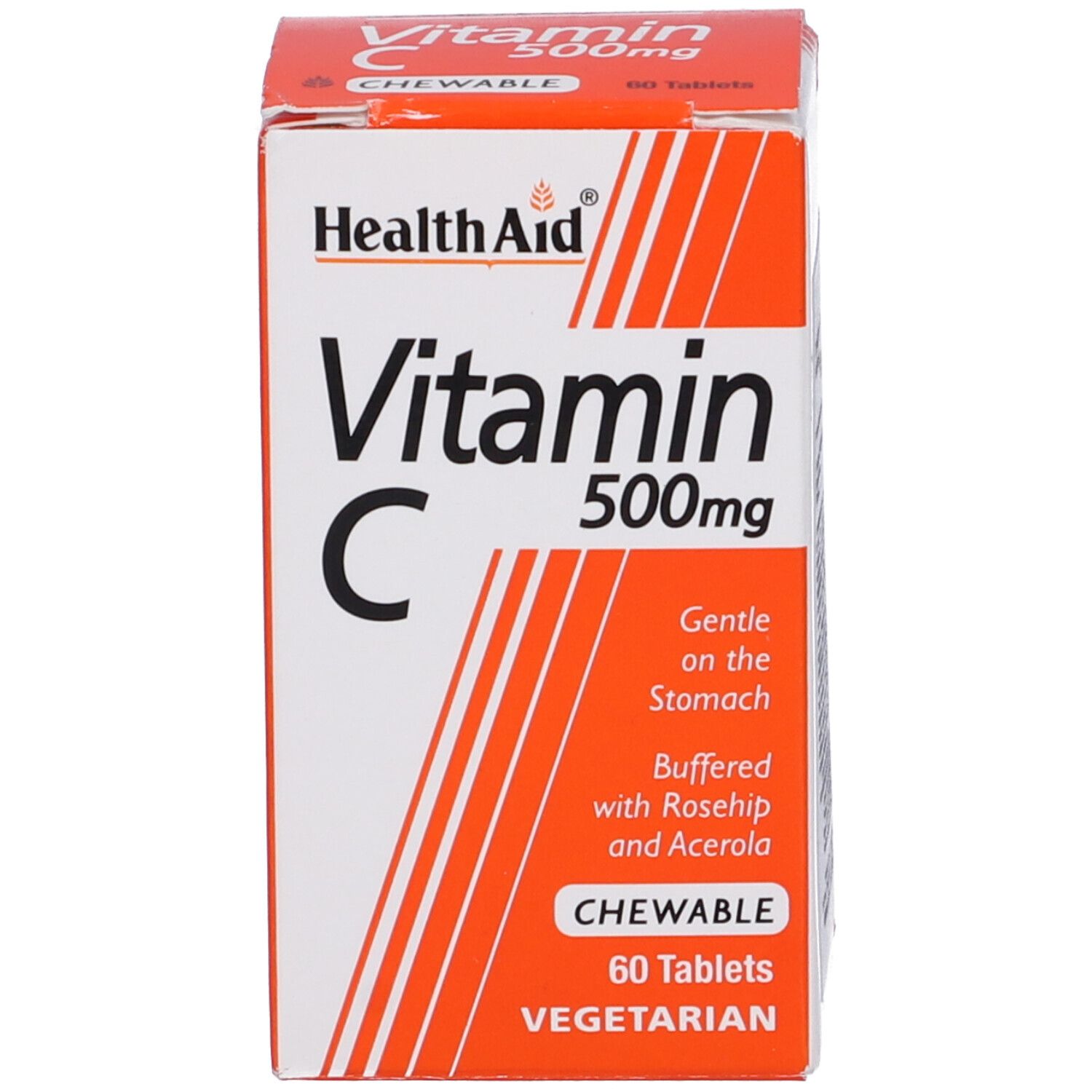 Scatola di compresse Health Aid Vitamina C 500mg. Confezione rossa e bianca. Contiene 60 compresse. Vegetariano. Masticabile.