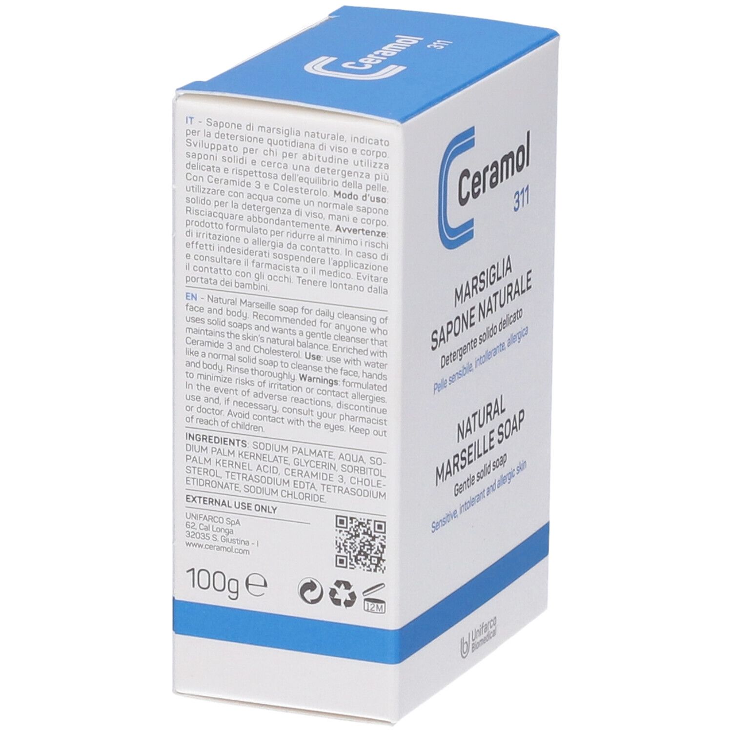 Retro della confezione di Ceramol 311 Marsiglia Sapone Naturale. Testo multilingue. Peso: 100g.
