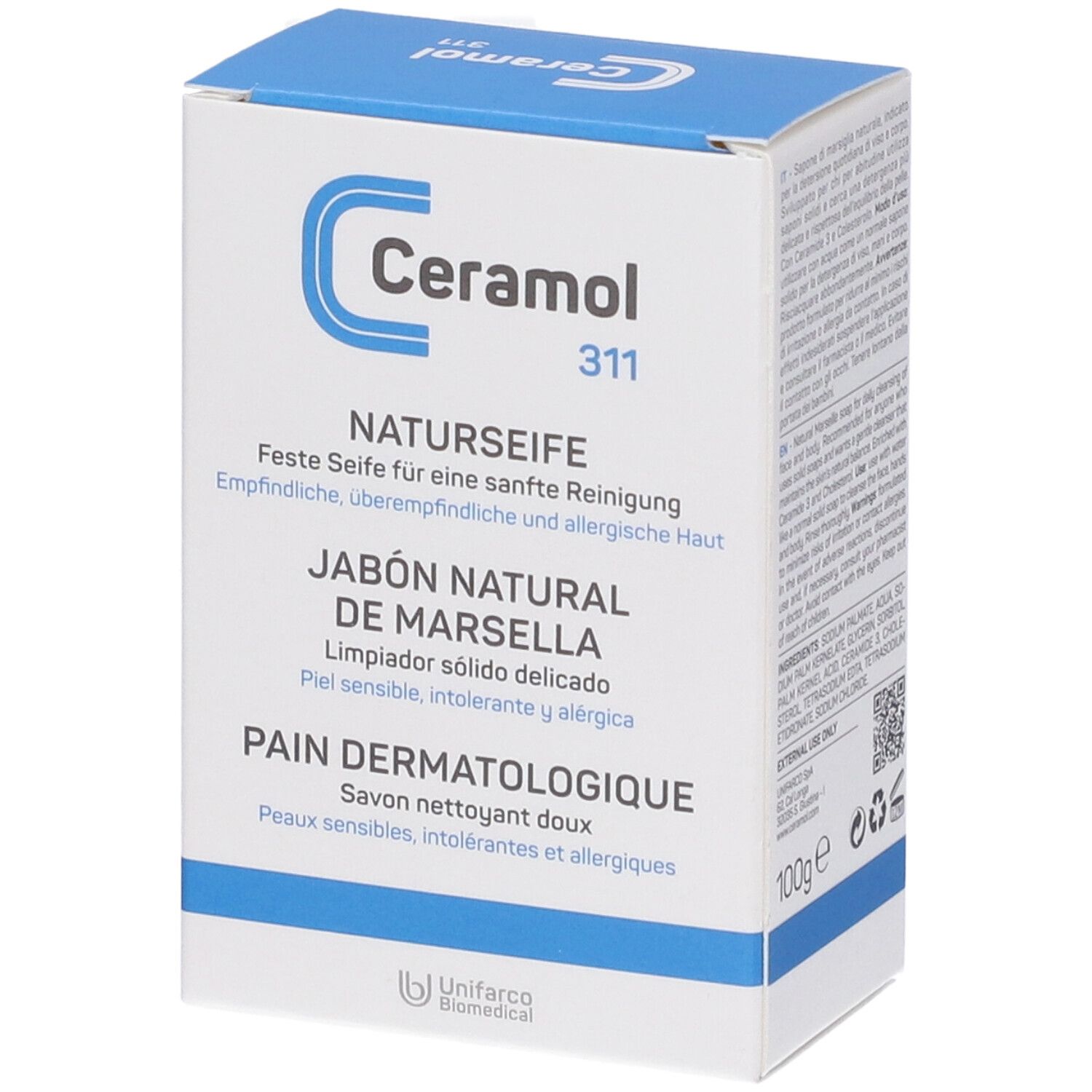 Confezione di Ceramol 311 Naturseife. Scatola bianca e blu. Nome del prodotto e descrizione in tedesco, spagnolo e francese.
