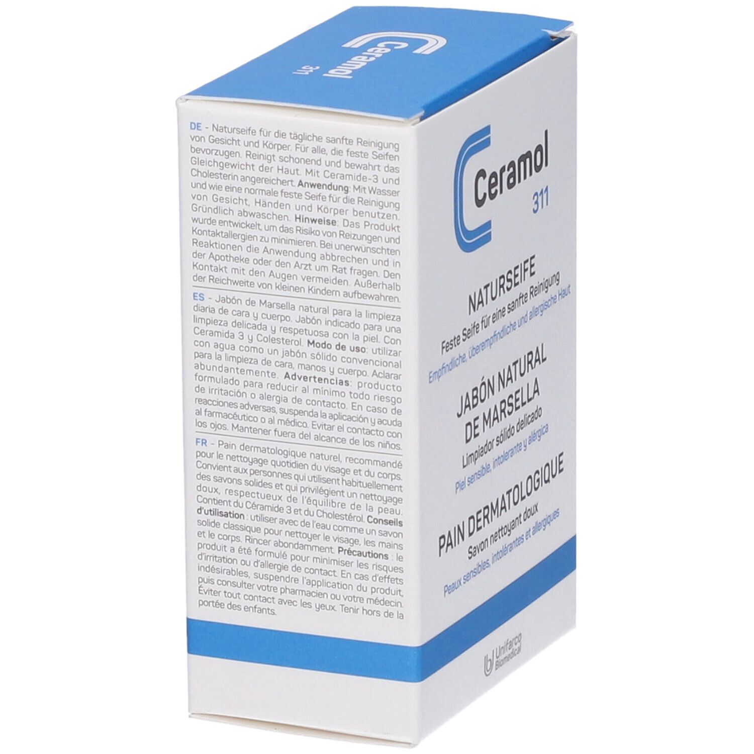 Retro della confezione di Ceramol 311 Naturseife. Testo multilingue. Peso: 100g.