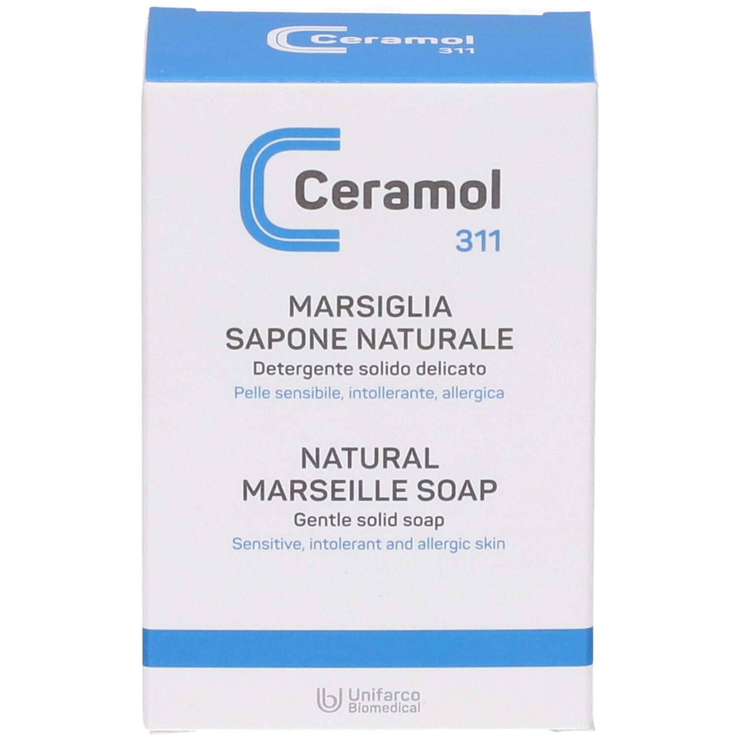 Confezione di Ceramol 311 Marsiglia Sapone Naturale. Scatola bianca e blu. Nome del prodotto e descrizione.