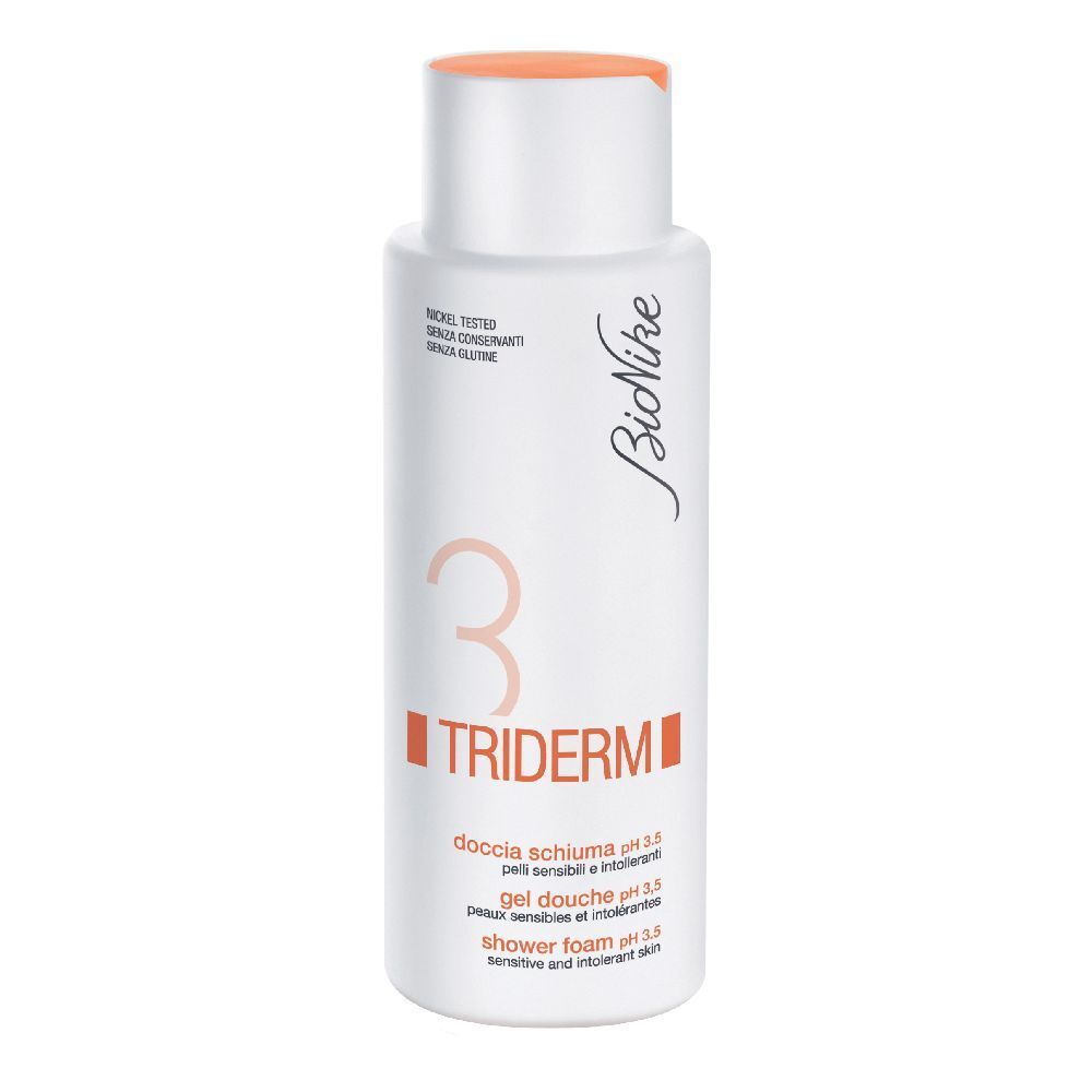 Weiße Flasche mit orangefarbenem Deckel. Aufschrift: Triderm, Doccia Schiuma pH 3,5. Marke: Bionike.