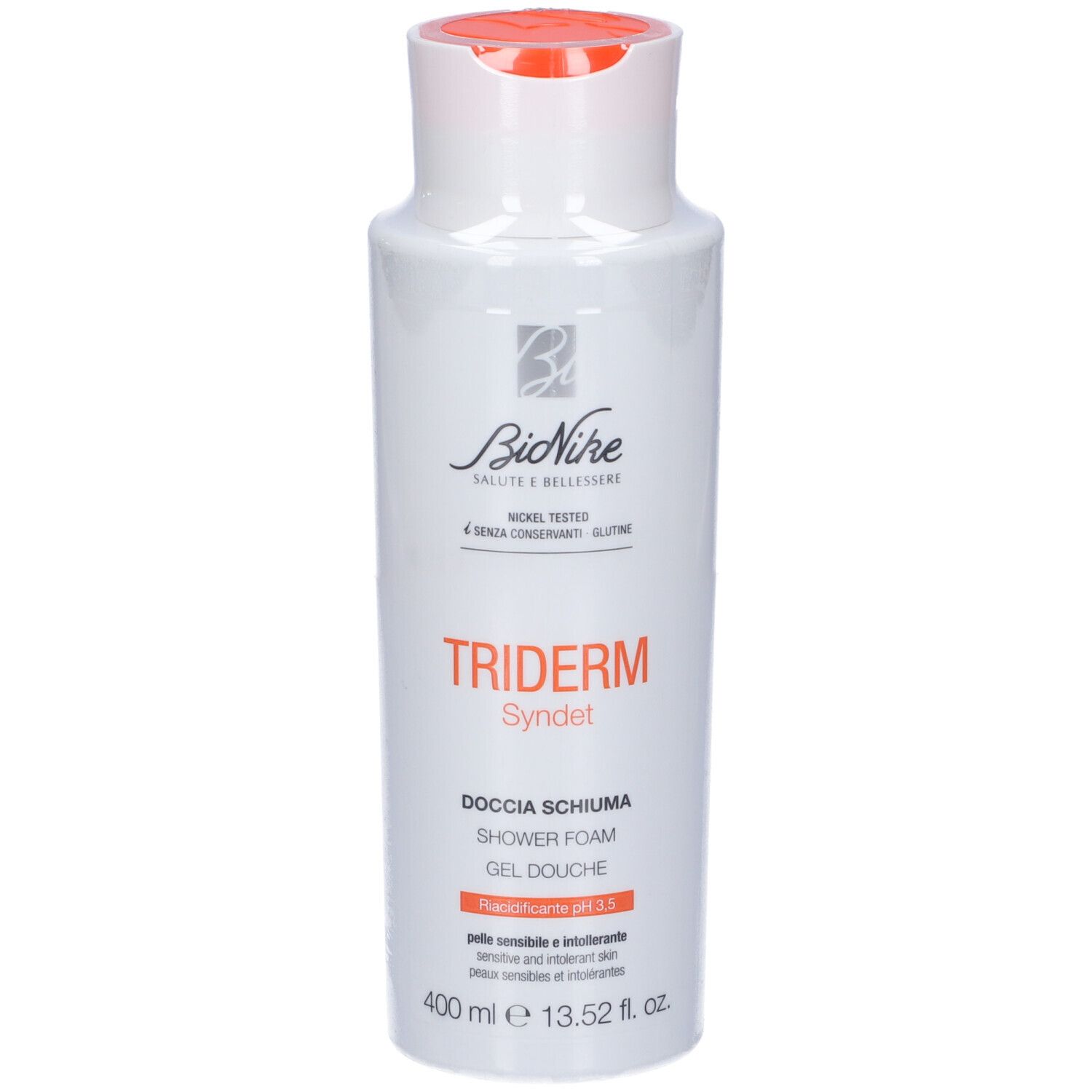Weiße Flasche mit orangefarbenem Deckel. Aufschrift: Triderm Syndet, Doccia Schiuma pH 3,5. Marke: Bionike.