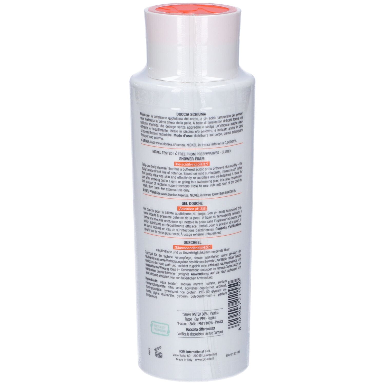 Weiße Flasche mit orangefarbenem Deckel. Rückseite mit Text. Marke: Bionike.