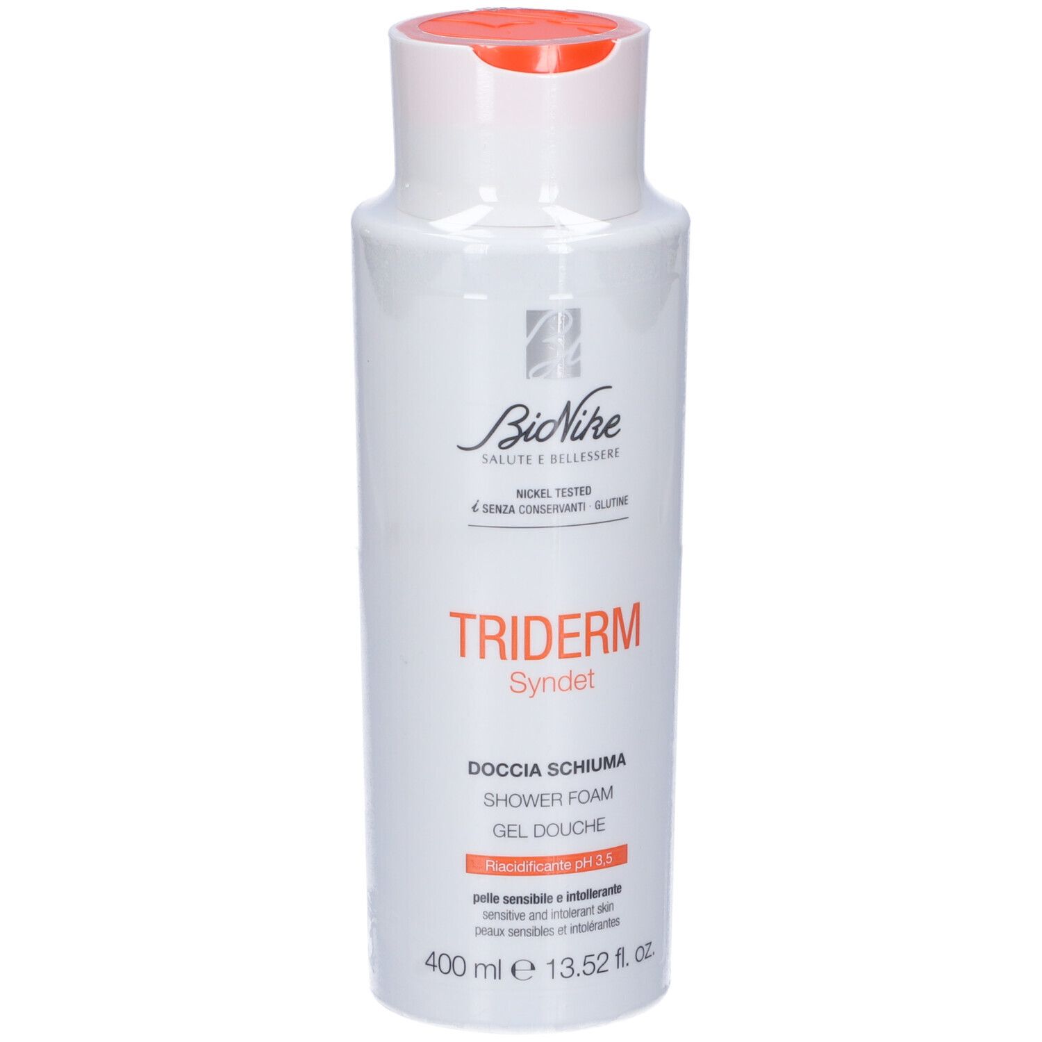 Weiße Flasche mit orangefarbenem Deckel. Aufschrift: Triderm Syndet, Doccia Schiuma pH 3,5. Marke: Bionike.