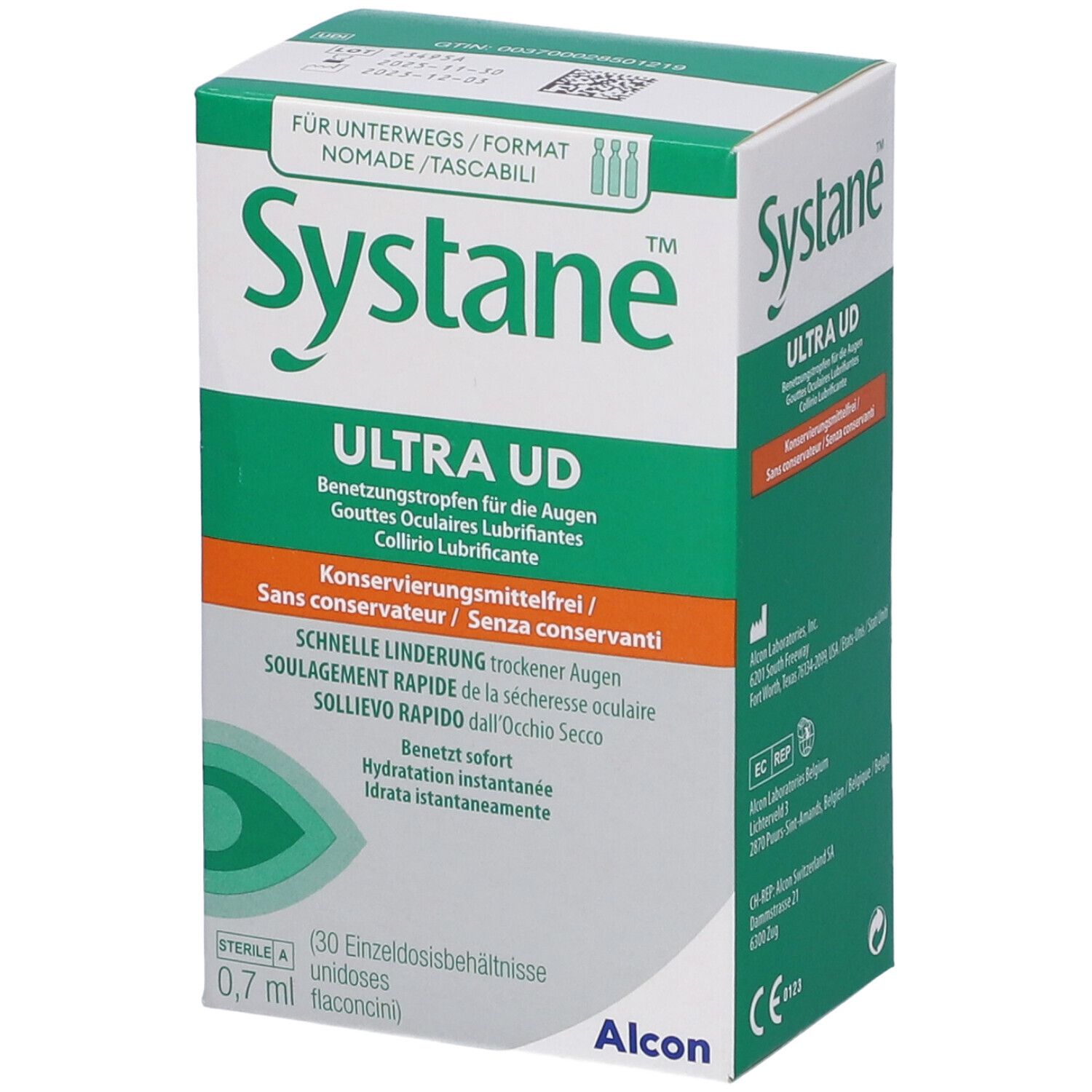 Scatola verde e bianca Systane Ultra UD. Testo: collirio lubrificante, senza conservanti, 30 contenitori monodose, 0,7 ml.