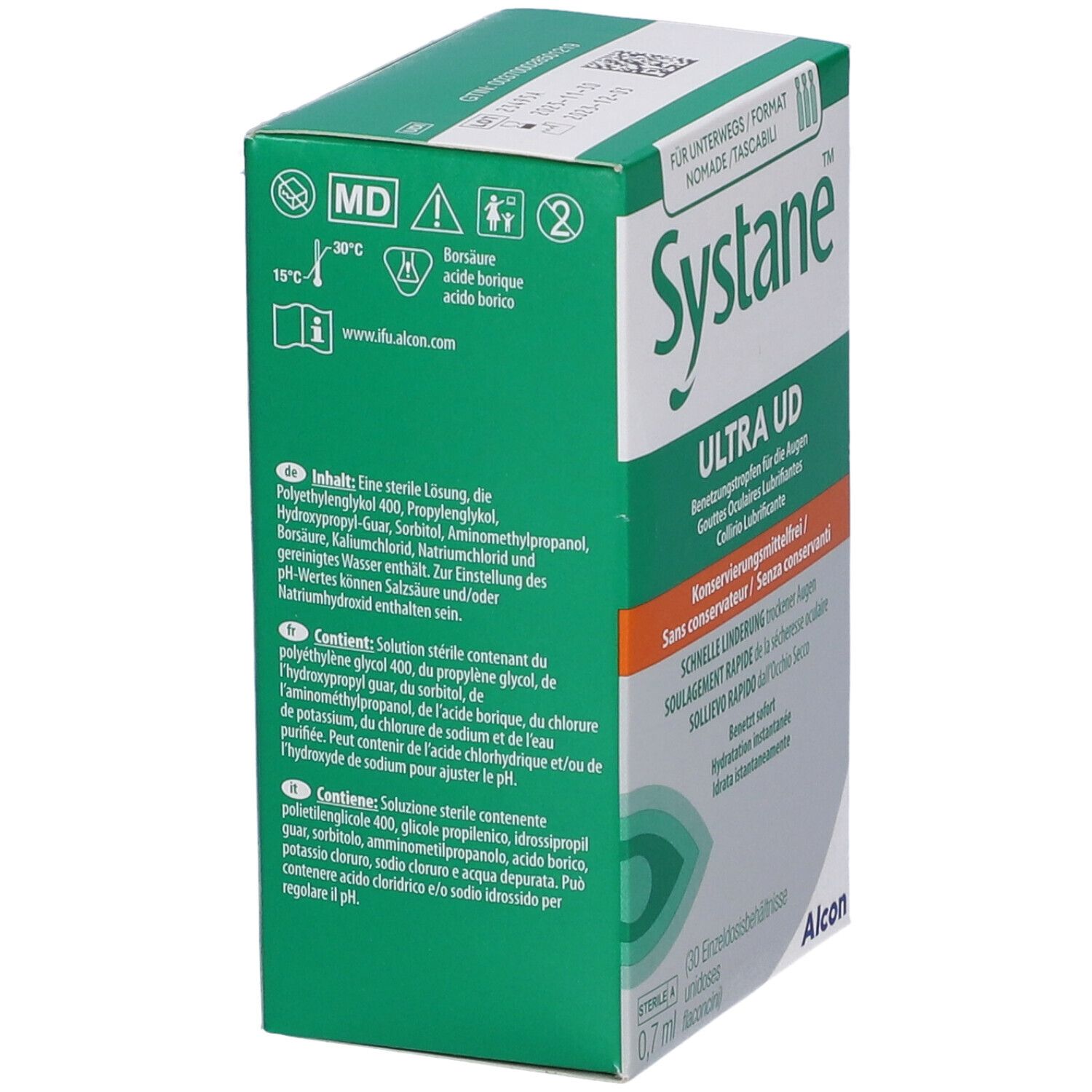 Scatola verde con testo. Contiene una soluzione sterile. Systane Ultra UD. Logo Alcon. Informazioni sull'uso e sugli ingredienti.