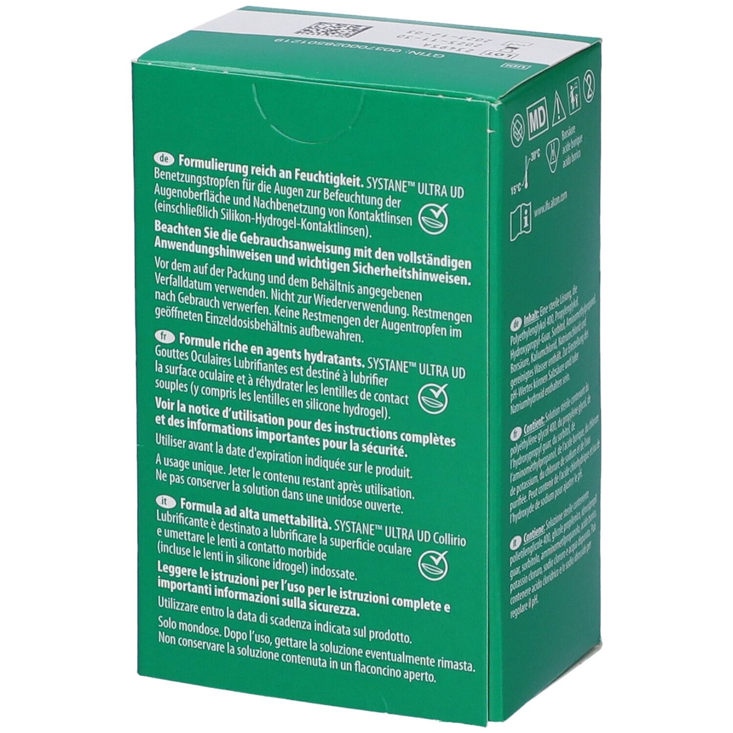 Scatola verde con testo. Formula ricca di idratanti. Systane Ultra UD. Istruzioni per l'uso. Informazioni sulla sicurezza.