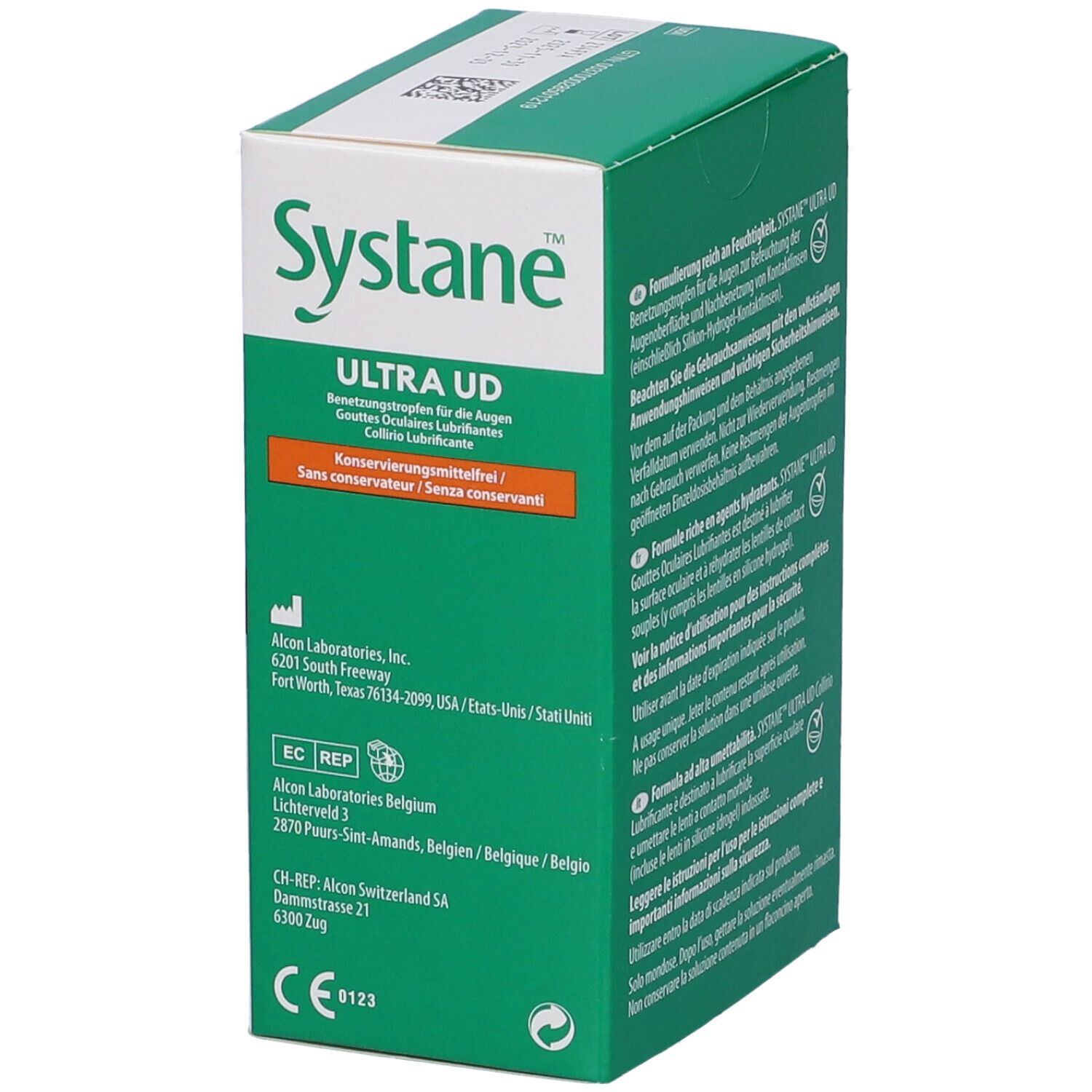 Scatola verde e bianca con testo. Systane Ultra UD. Logo Alcon. Marchio CE. Informazioni e indirizzo del produttore.