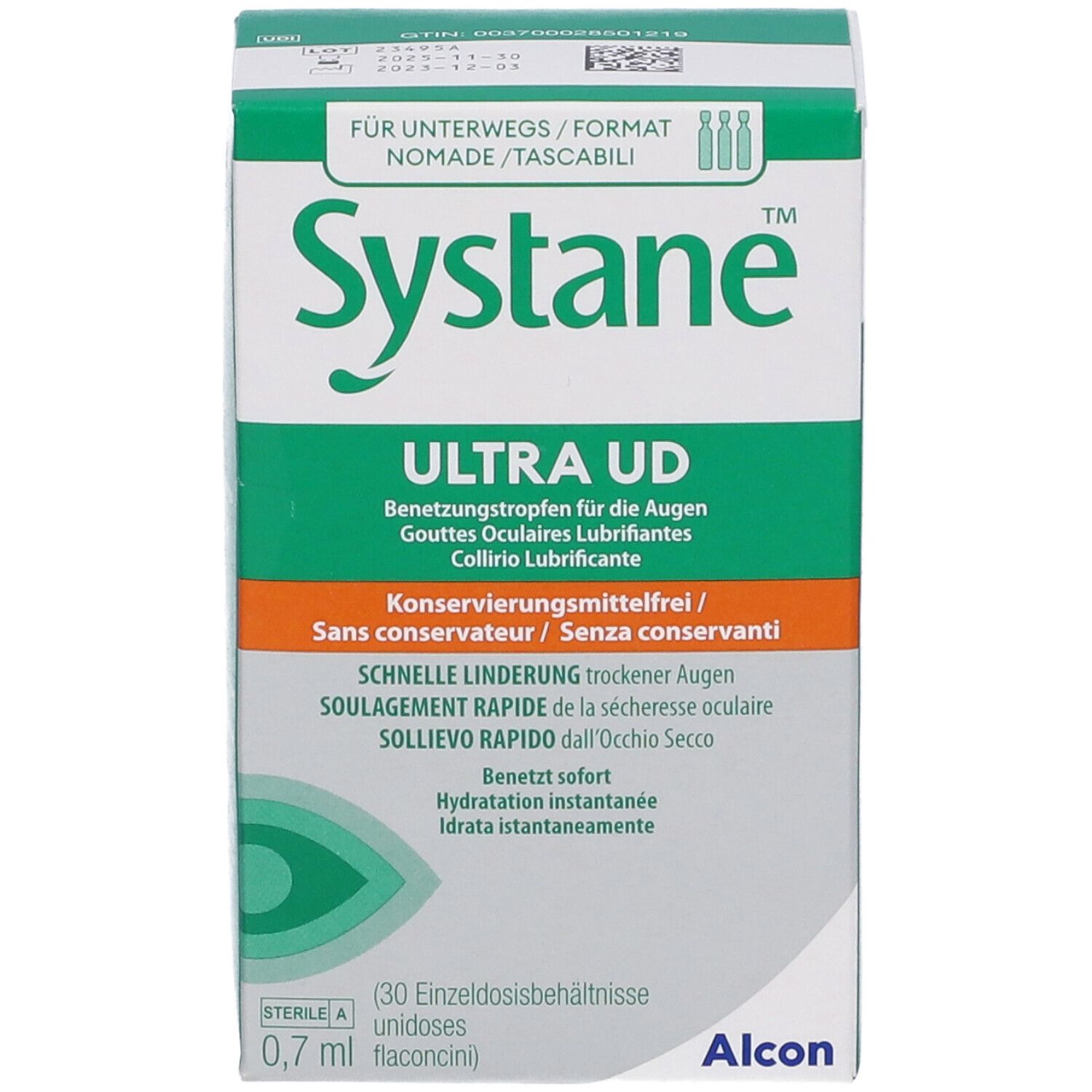 Scatola verde e bianca Systane Ultra UD. Testo: collirio lubrificante, senza conservanti, 30 contenitori monodose, 0,7 ml.