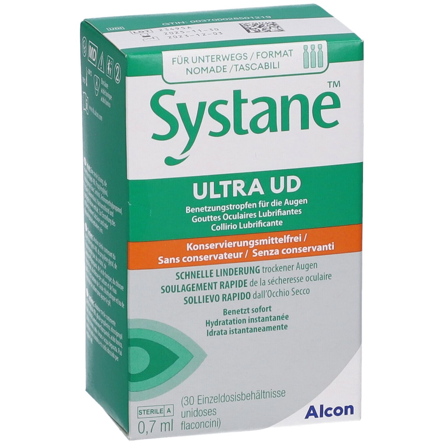 Scatola verde e bianca Systane Ultra UD. Testo: collirio lubrificante, senza conservanti, 30 contenitori monodose, 0,7 ml.
