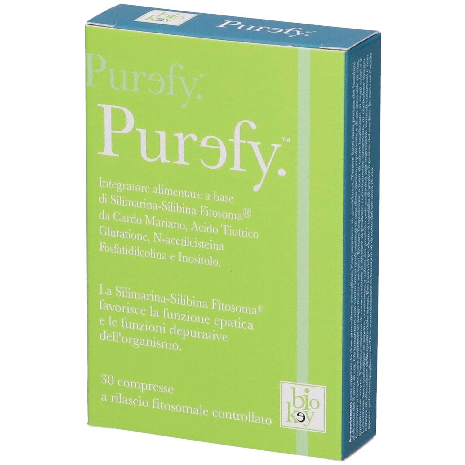 Scatola verde con logo "Purefy". Contiene 30 compresse. Testo in italiano.