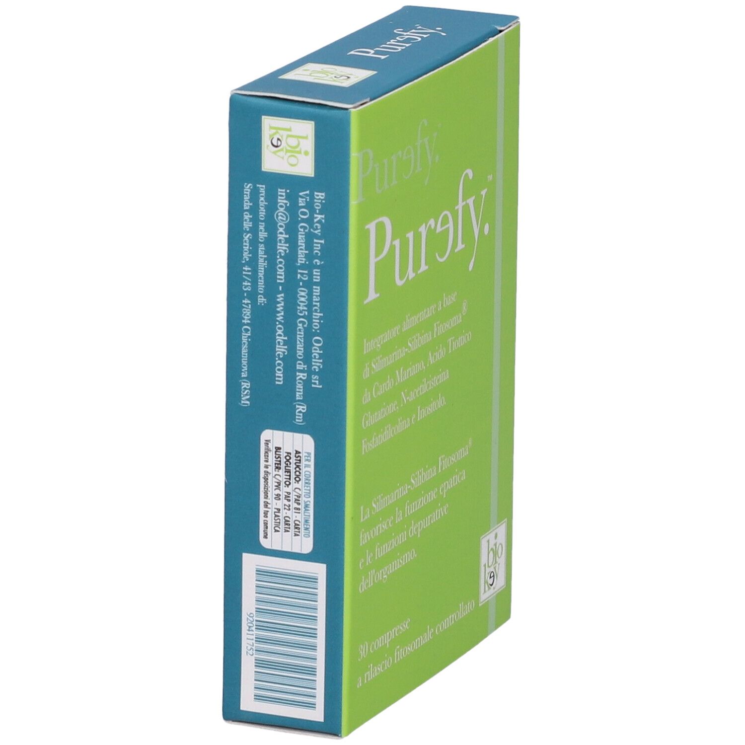 Scatola con logo "Purefy". Vista laterale con testo e codice a barre. Testo in italiano.