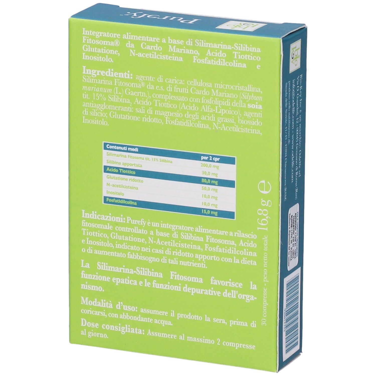 Scatola verde con testo in italiano. Contiene informazioni su ingredienti e dosaggio.