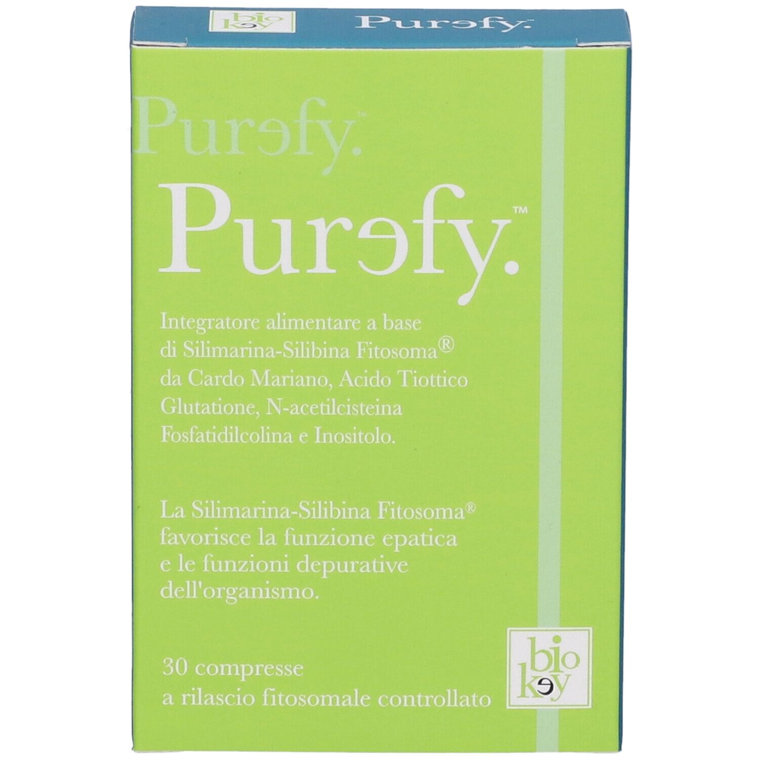 Scatola verde con logo "Purefy" e testo in italiano. Contiene 30 compresse.