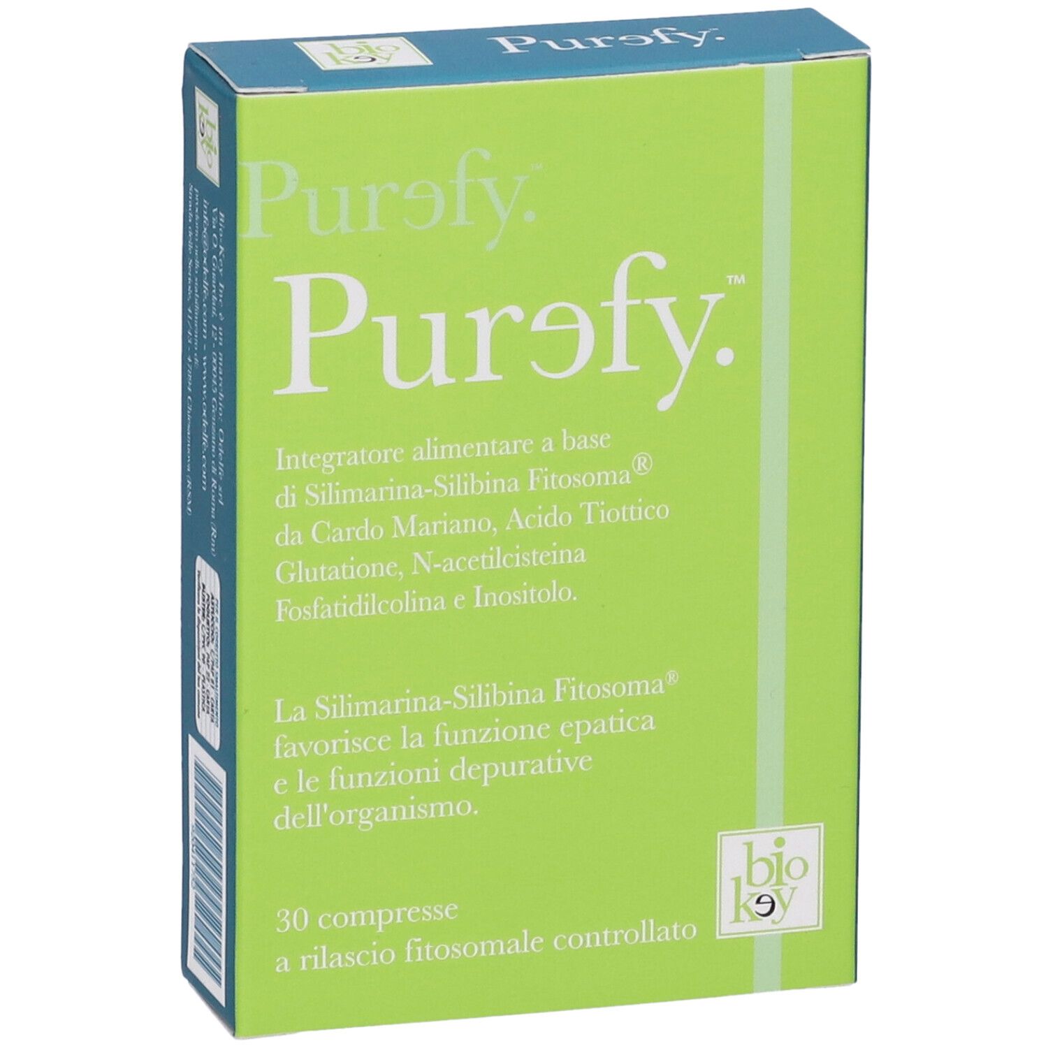Scatola verde con logo "Purefy" e testo in italiano. Contiene 30 compresse.