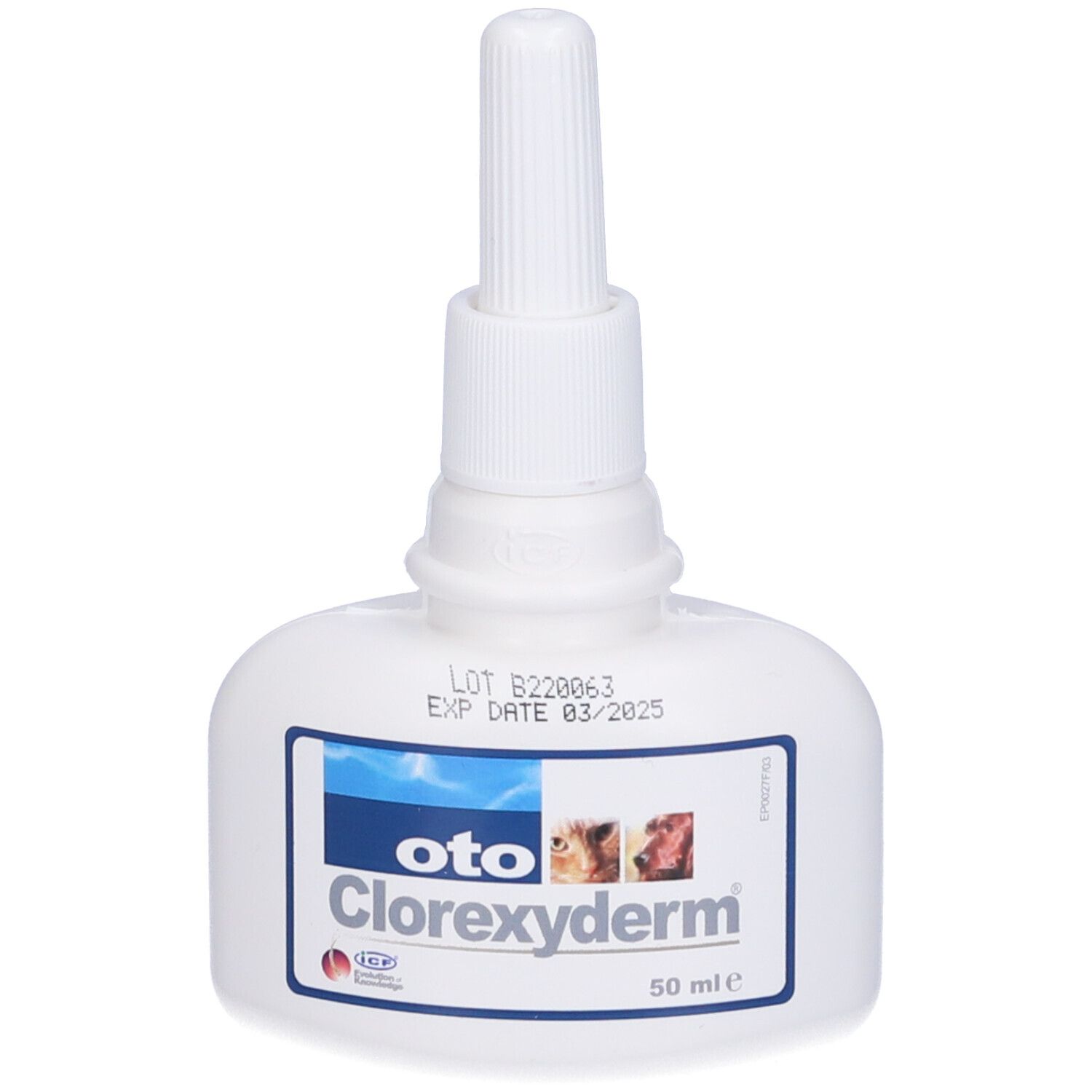 Flacone bianco con applicatore. Nome e logo del prodotto sull'etichetta. Scadenza 03/2025.