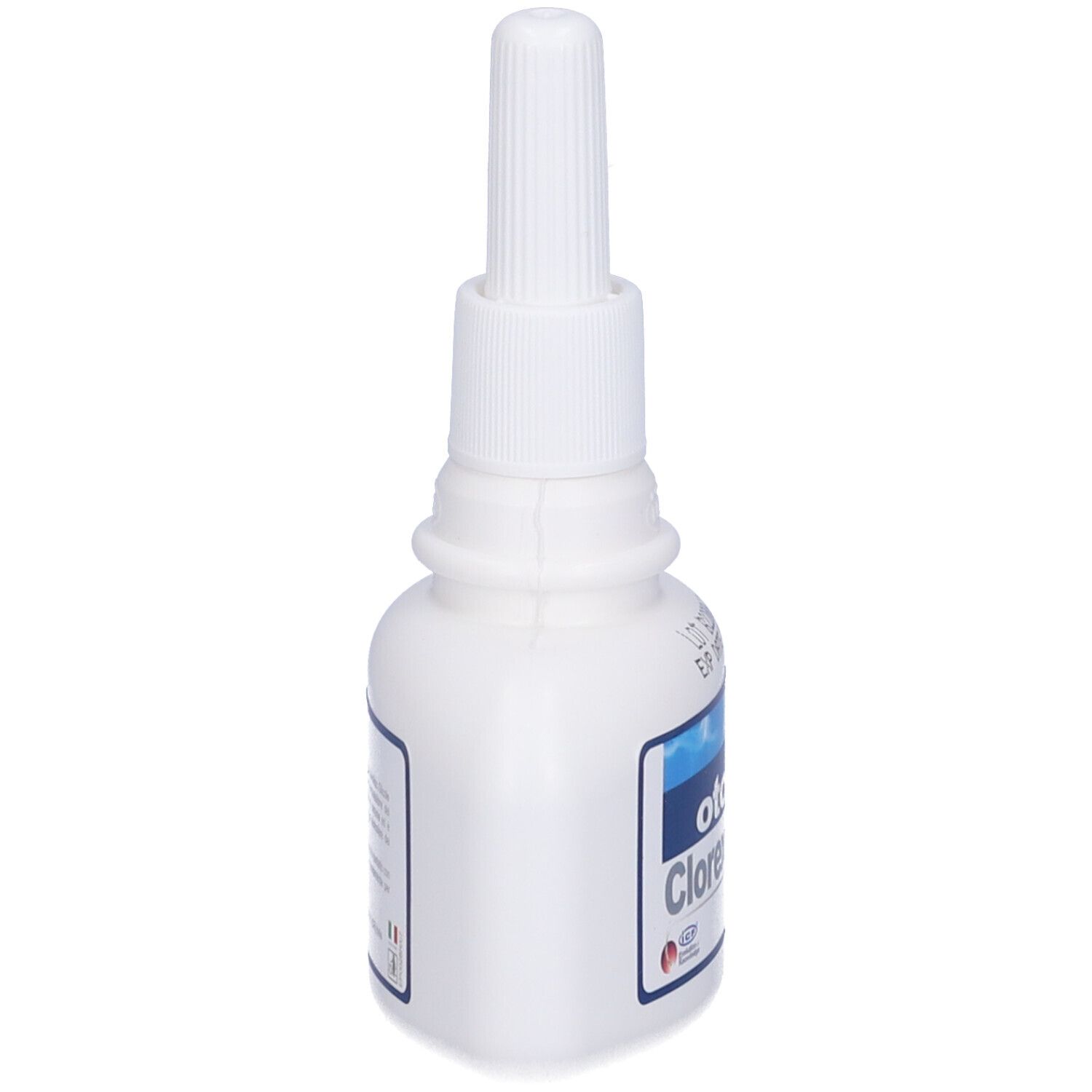 Flacone bianco con applicatore. Nome e logo del prodotto sull'etichetta. Vista laterale.