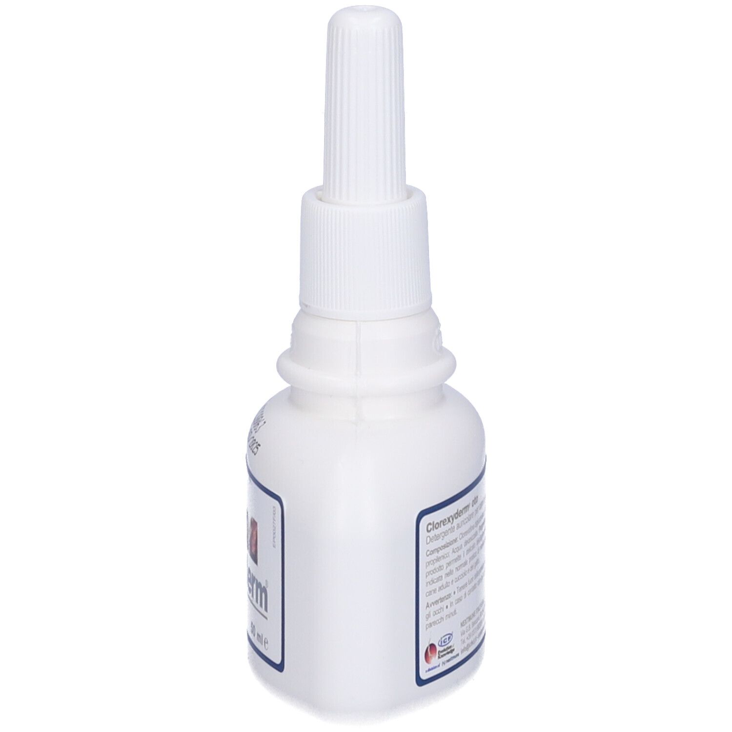 Flacone bianco con applicatore. Nome e logo del prodotto sull'etichetta. Vista laterale con testo.