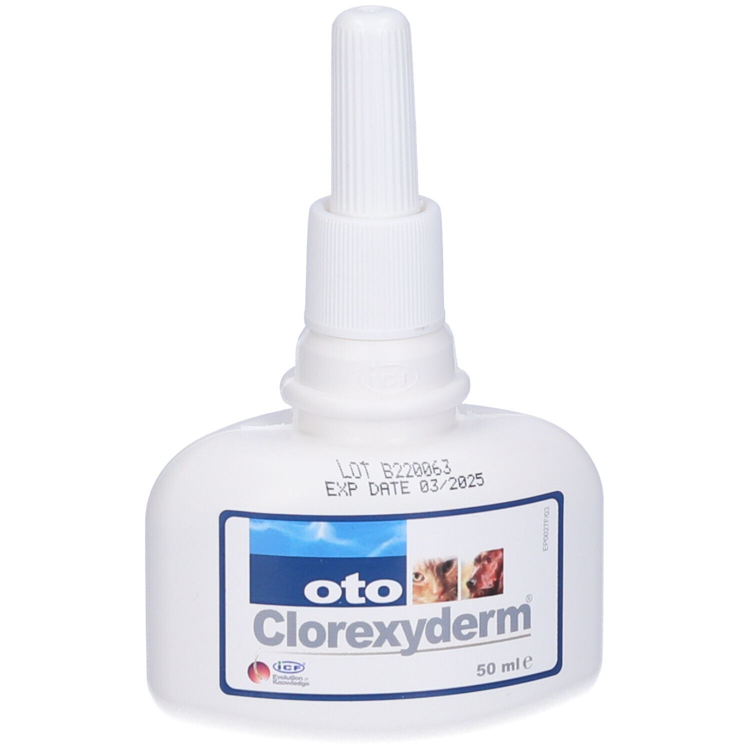 Flacone bianco con applicatore. Nome e logo del prodotto sull'etichetta. Scadenza 03/2025.