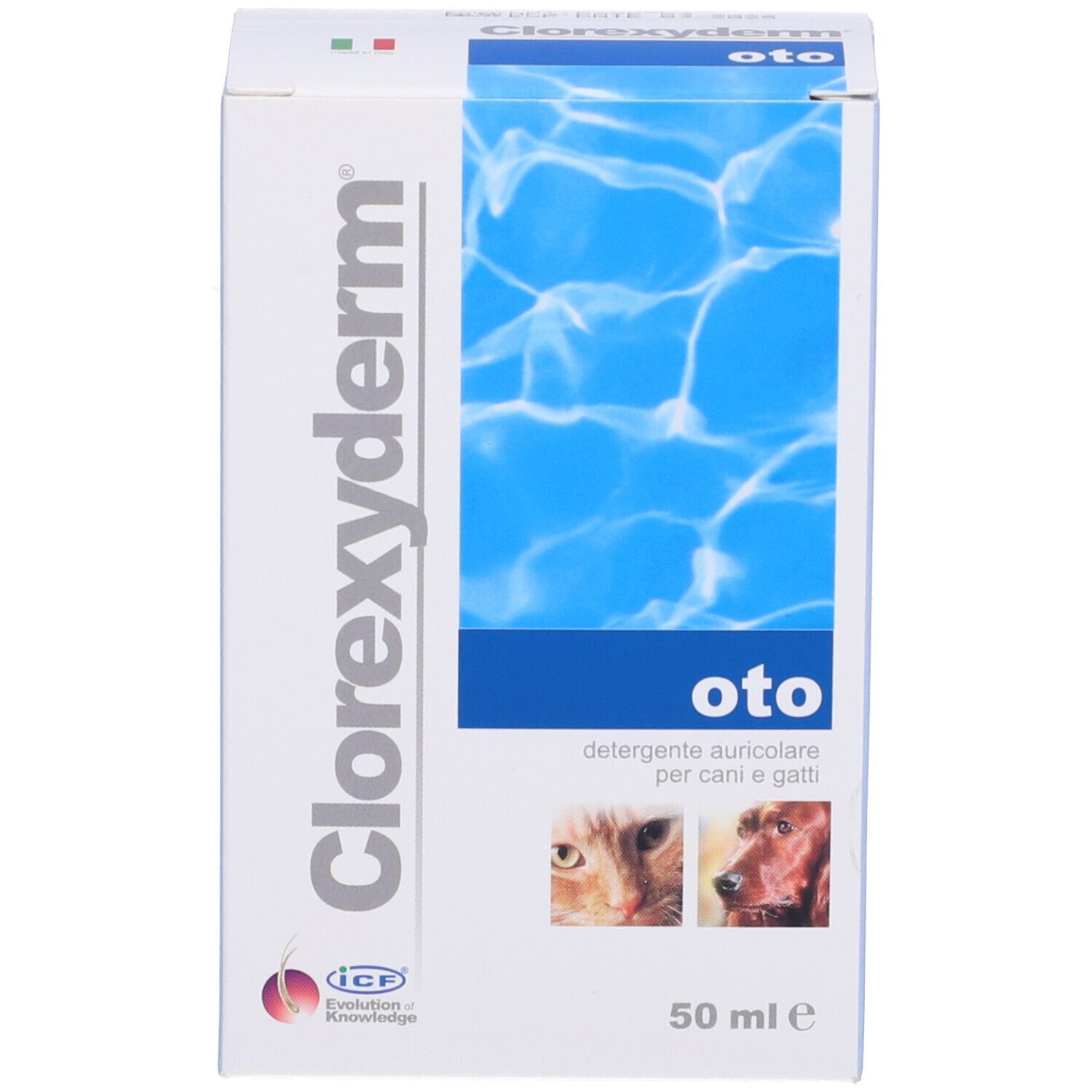 Confezione con nome e logo del prodotto. Immagine di acqua e volti di animali. 50 ml.