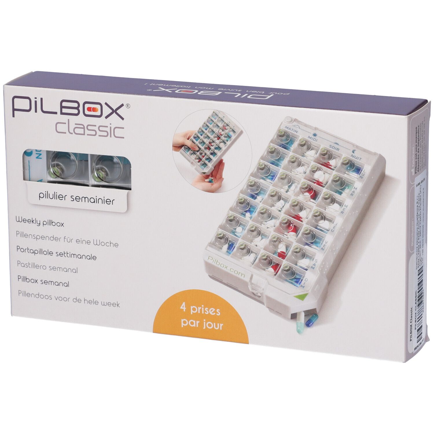 Confezione di Pilbox Classic. Scritto: pilulier semainier, 4 prese al giorno. Immagine di un portapillole.