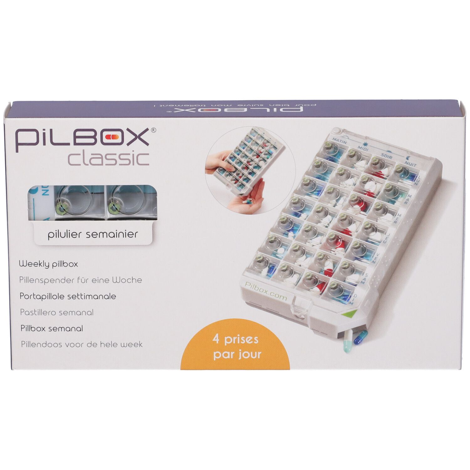 Confezione di Pilbox Classic. Scritto: pilulier semainier, 4 prese al giorno. Immagine di un portapillole.