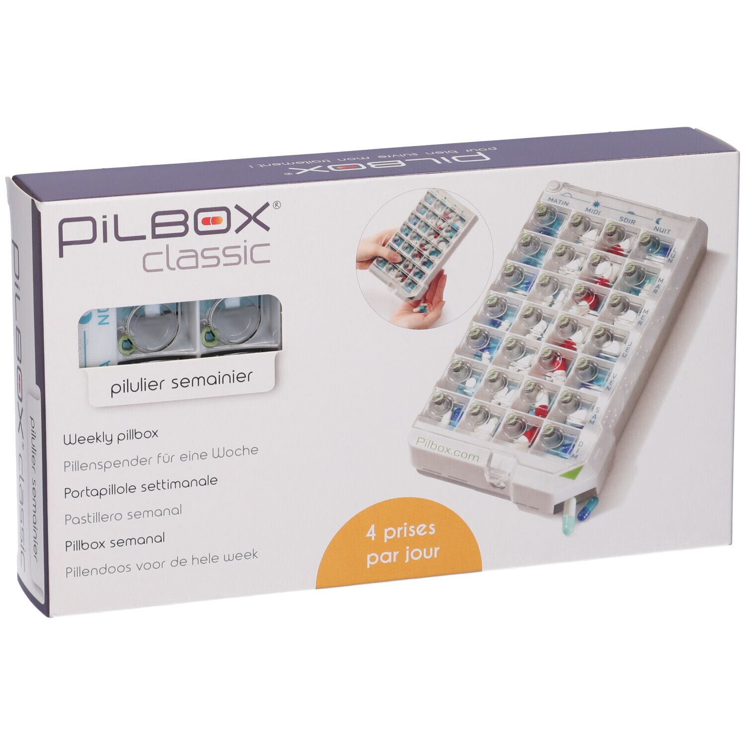 Confezione di Pilbox Classic. Scritto: pilulier semainier, 4 prese al giorno. Immagine di un portapillole.