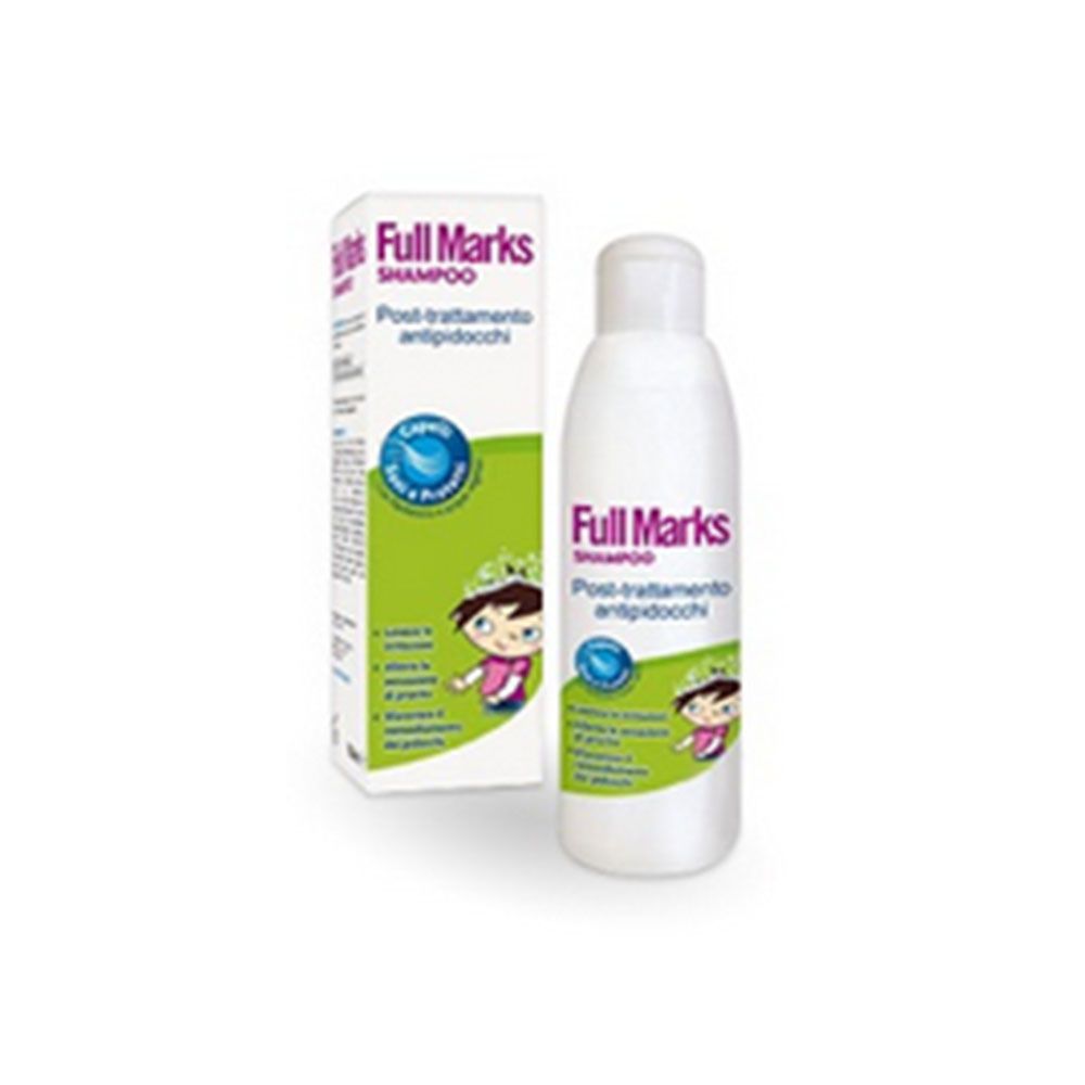 Flacone e scatola di shampoo. Scritta "Full Marks Shampoo Post-trattamento antipidocchi". Illustrazione di un bambino.