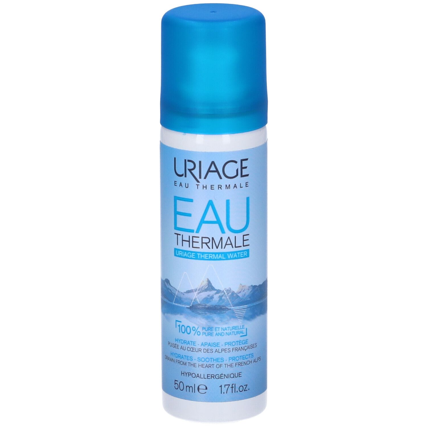 Flacon spray cylindrique bleu et blanc. Inscription: URIAGE EAU THERMALE. Illustration: paysage montagneux. Contenance: 50ml.