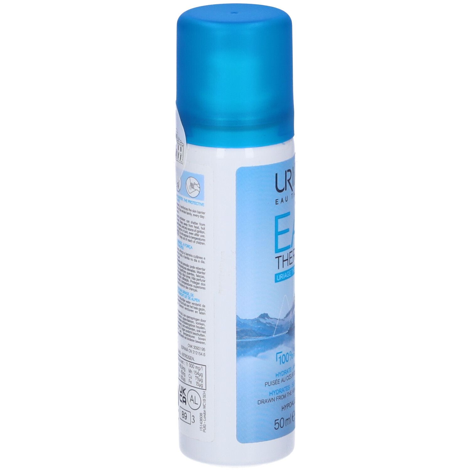 Flacon spray cylindrique bleu et blanc. Texte: URIAGE EAU THERMALE. Dos avec texte et pictogrammes. Contenance: 50ml.