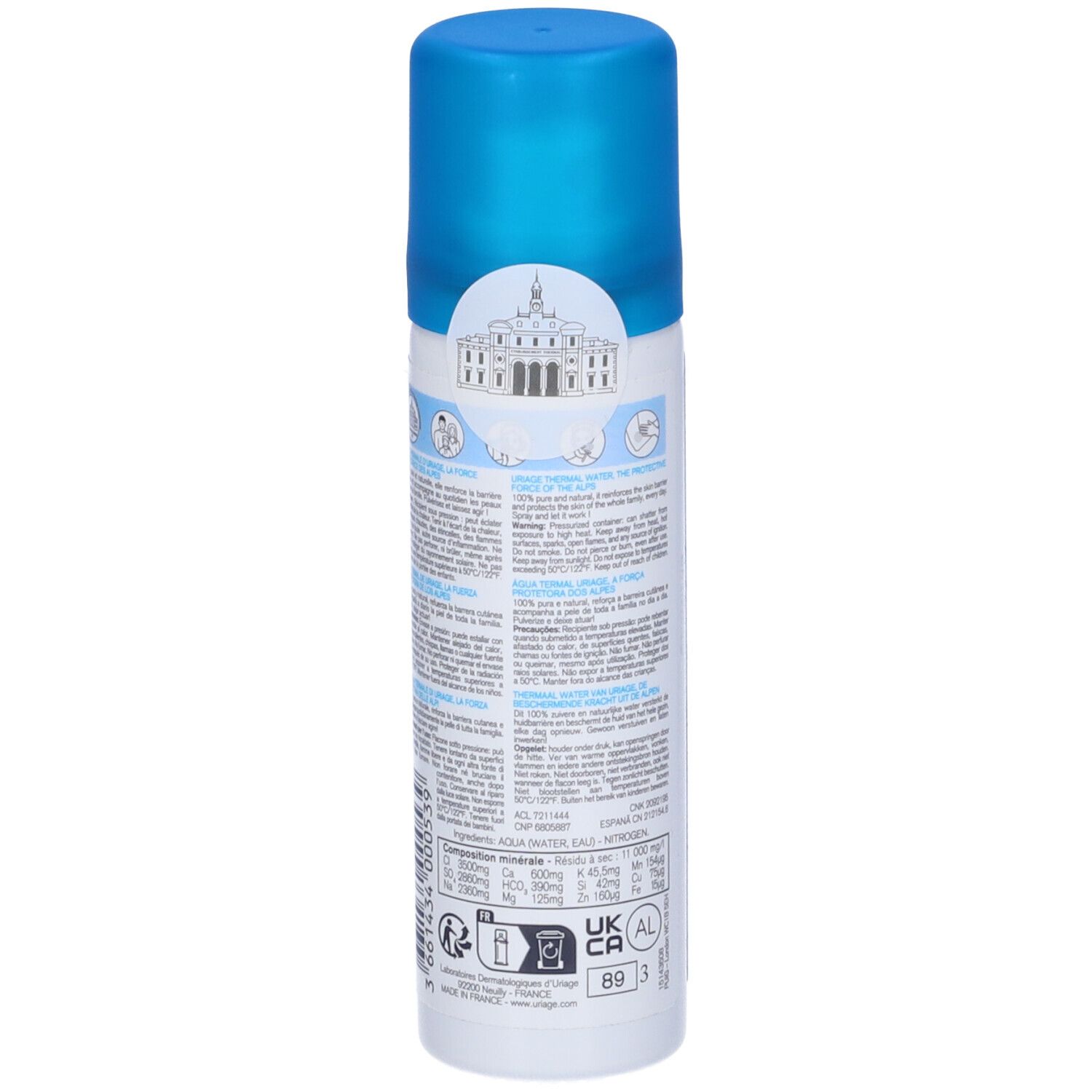 Flacon spray cylindrique bleu et blanc. Dos avec texte et pictogrammes. Contenance: 50ml. Détails de la composition minérale.