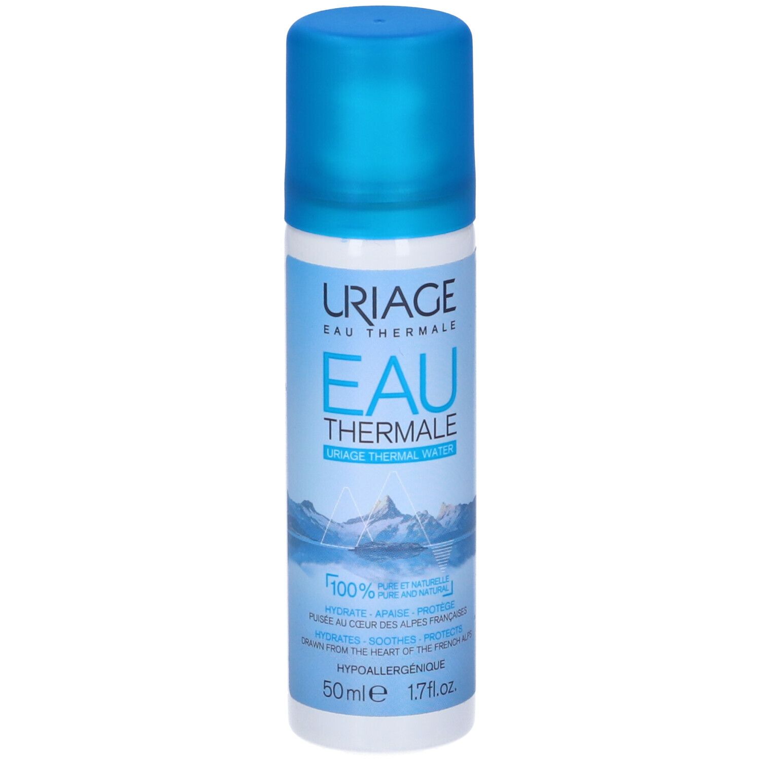 Flacon spray cylindrique bleu et blanc. Inscription: URIAGE EAU THERMALE. Illustration: paysage montagneux. Contenance: 50ml.