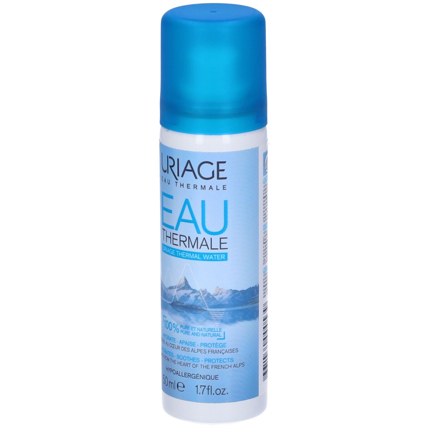 Flacon spray cylindrique bleu et blanc. Inscription: URIAGE EAU THERMALE. Illustration: paysage montagneux. Contenance: 50ml.
