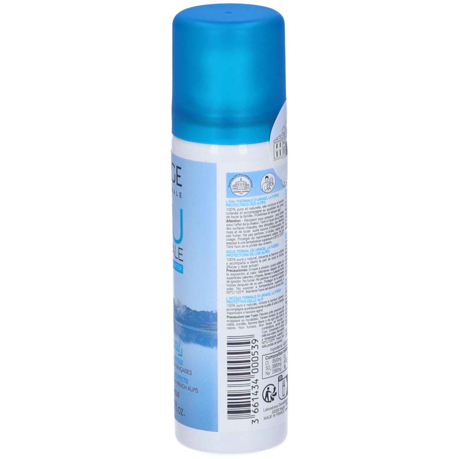 Flacon spray cylindrique bleu et blanc. Dos avec texte et pictogrammes. Contenance: 50ml. Code-barres.