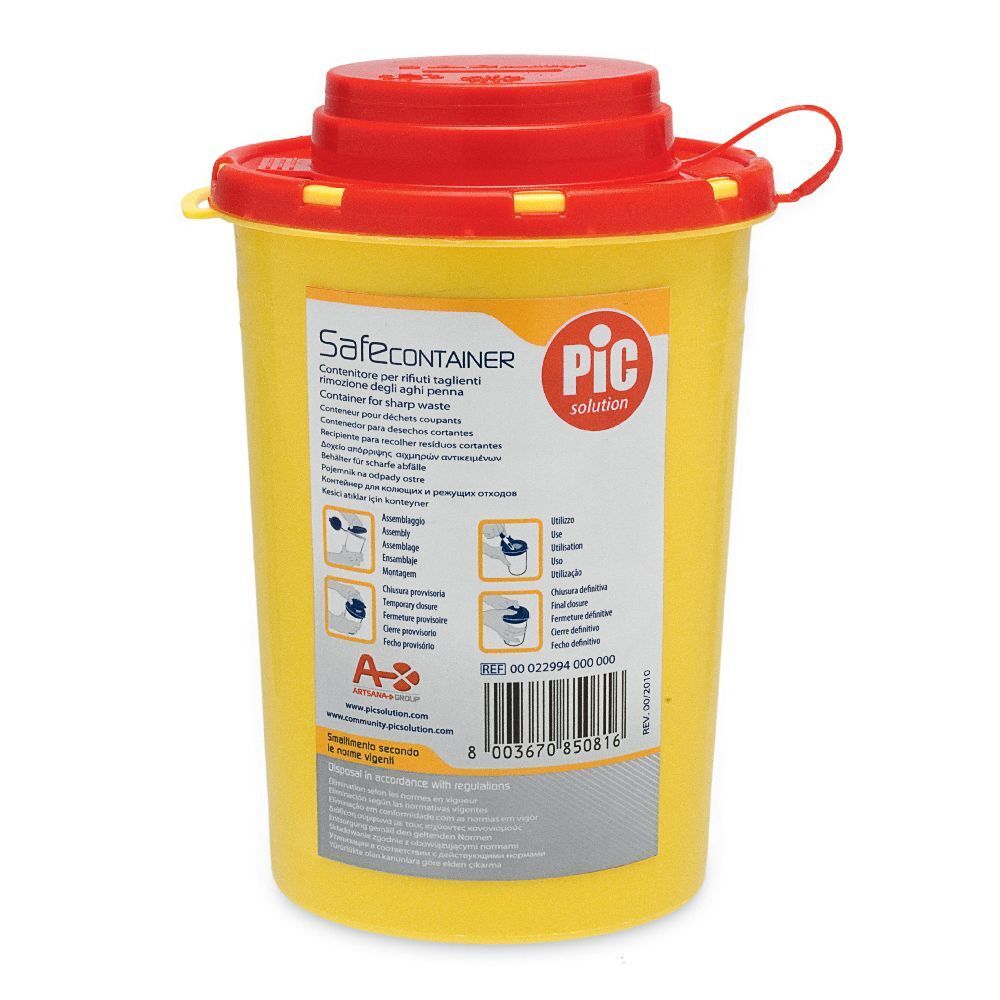 Contenitore giallo con coperchio rosso. Scritta Safe Container PIC solution. Per rifiuti taglienti.