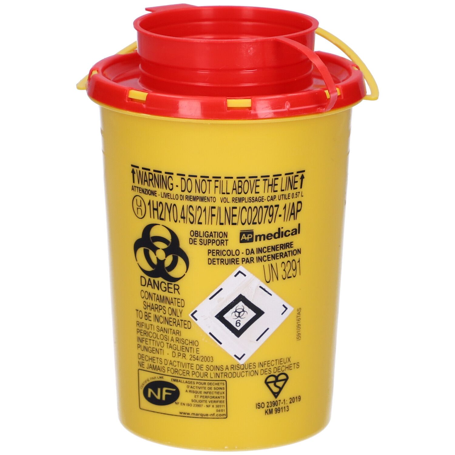 Contenitore giallo con coperchio rosso. Avviso, simbolo di rischio biologico. Per taglienti contaminati.