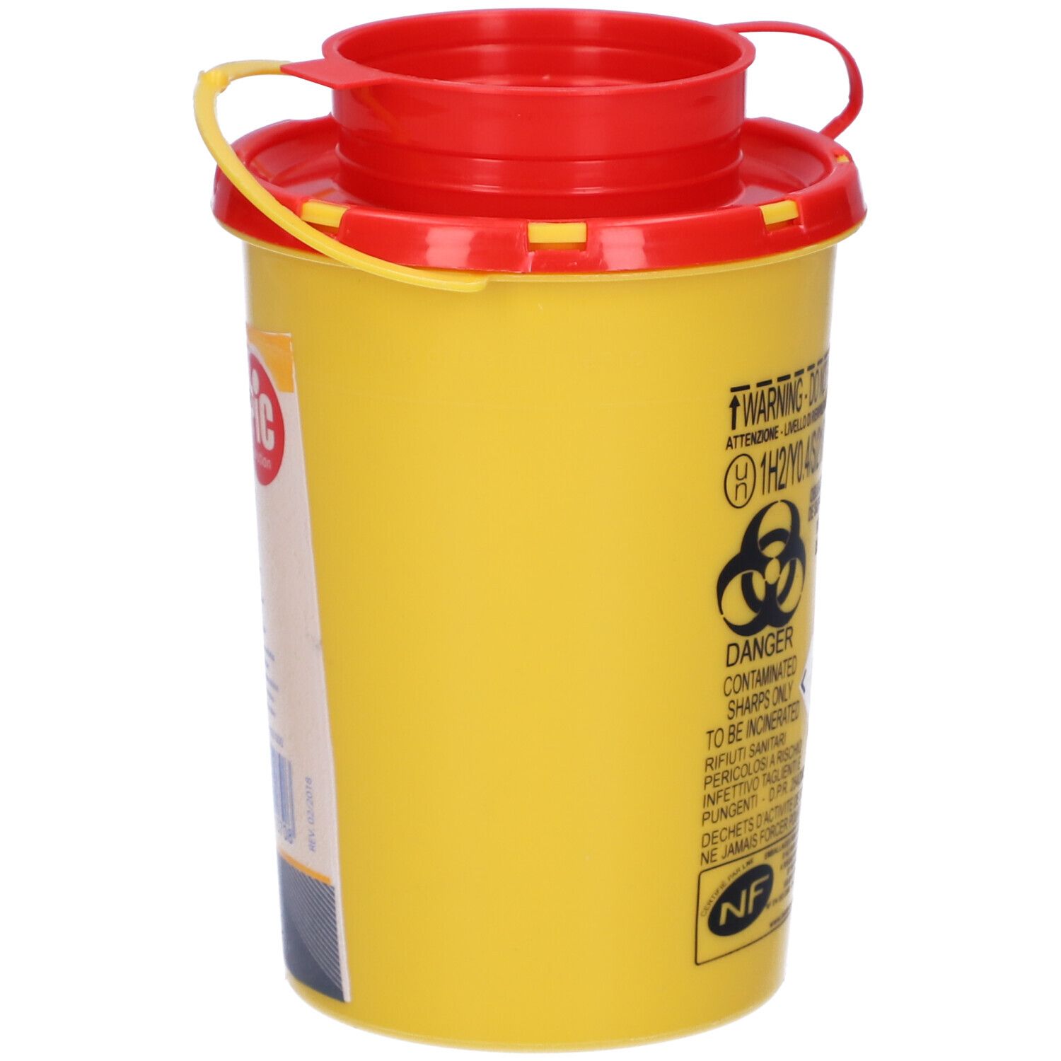 Contenitore giallo con coperchio rosso. Avviso, simbolo di rischio biologico. Per taglienti contaminati.