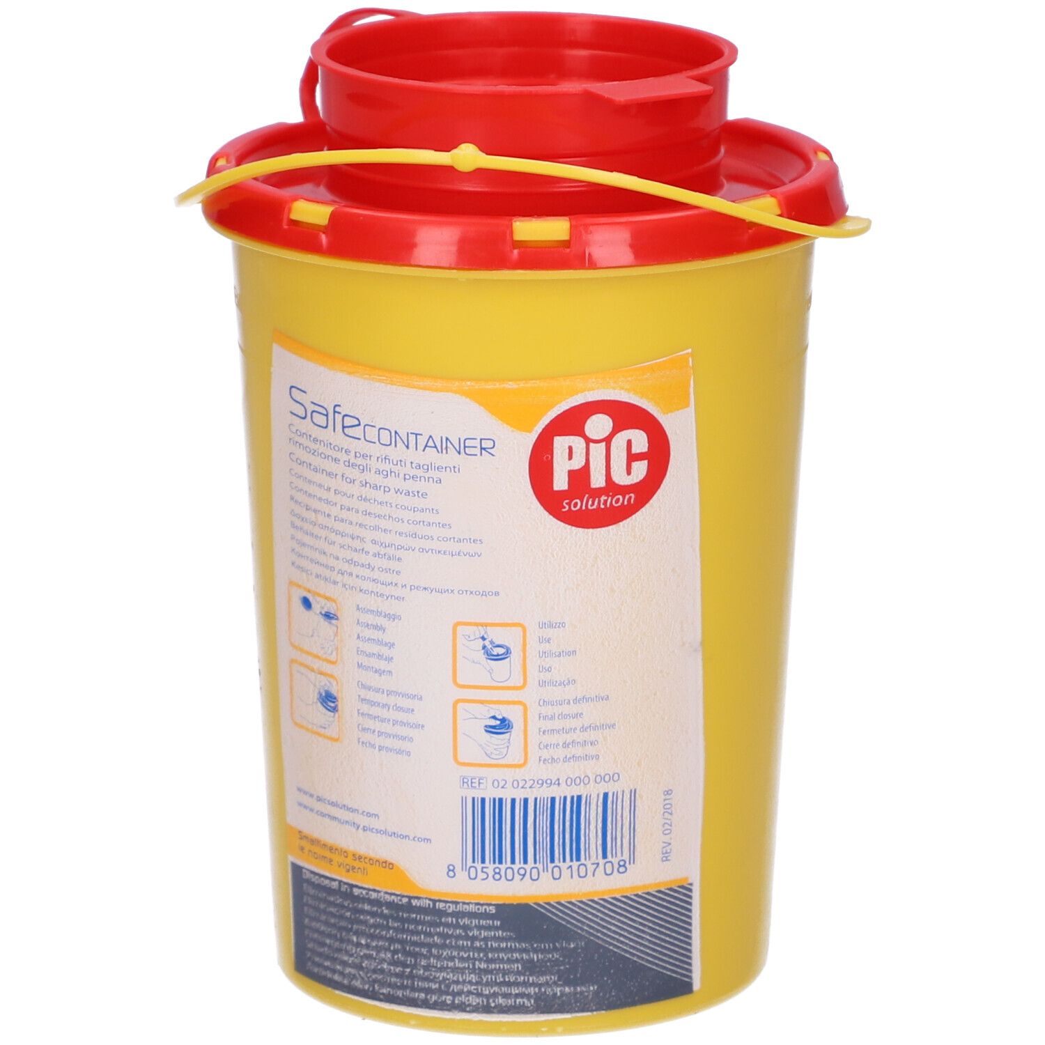 Contenitore giallo con coperchio rosso. Scritta Safe Container PIC solution. Per rifiuti taglienti.