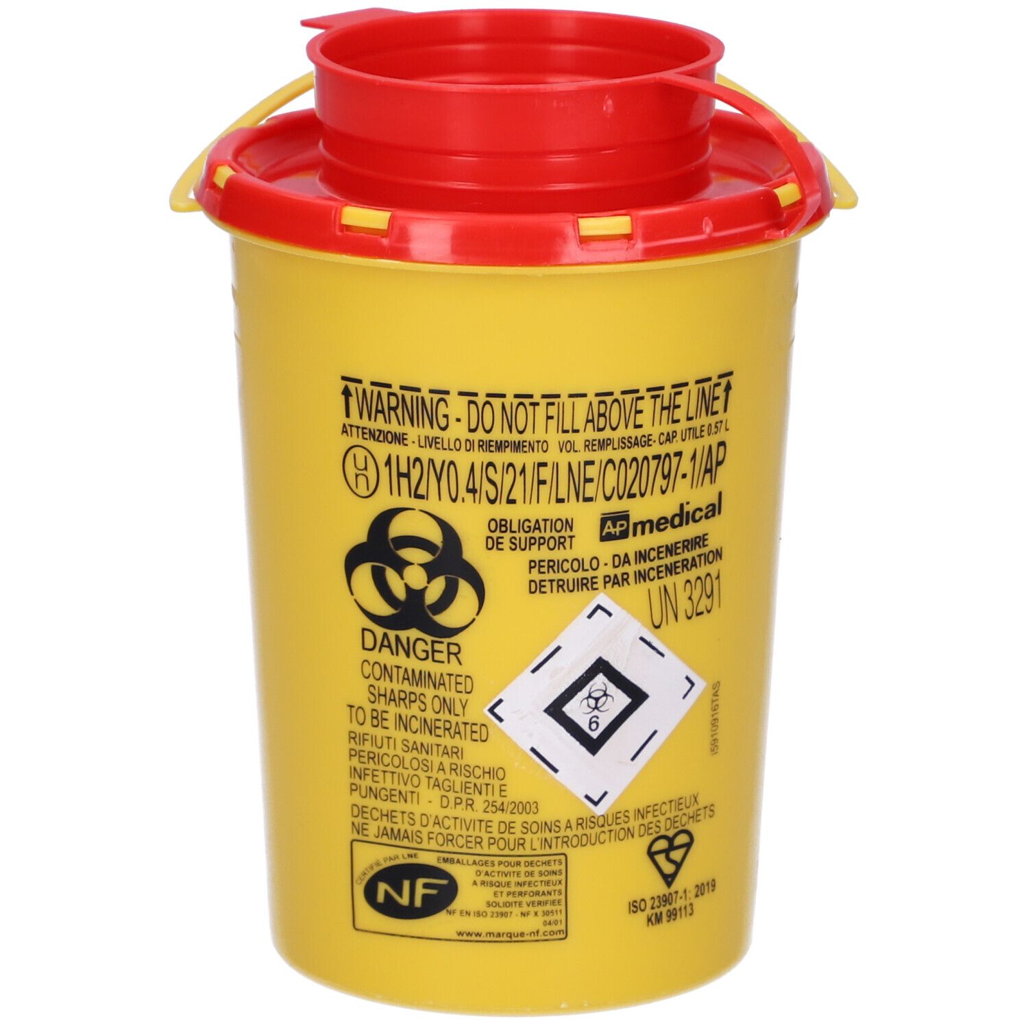 Contenitore giallo con coperchio rosso. Avviso, simbolo di rischio biologico. Per taglienti contaminati.