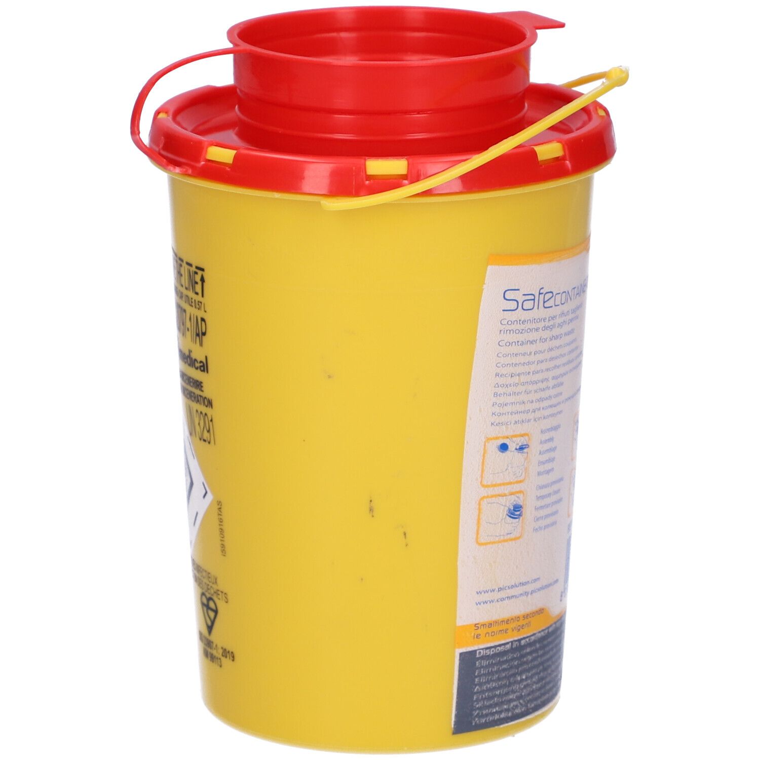 Contenitore giallo con coperchio rosso. Scritta Safe Container. Per rifiuti taglienti.
