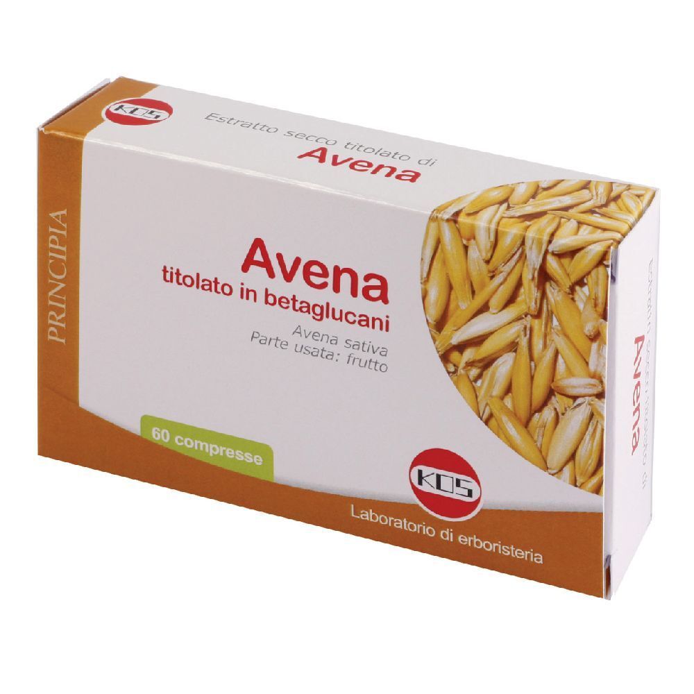 Scatola con stampa del prodotto. Scritta: Avena titolato in betaglucani, 60 compresse. Logo KOS.