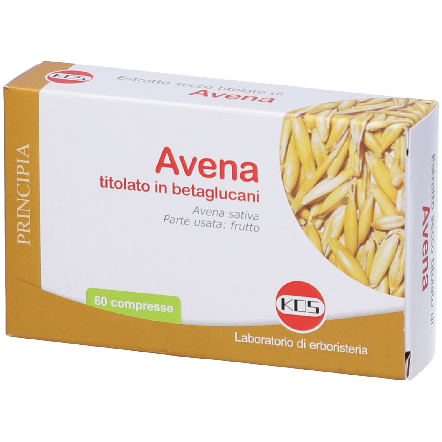 Scatola con stampa del prodotto. Scritta: Avena titolato in betaglucani, 60 compresse. Logo KOS.