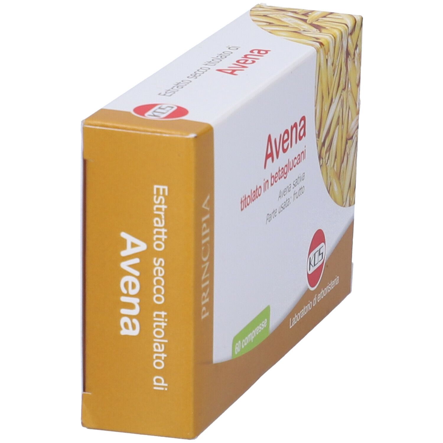 Scatola con stampa del prodotto. Scritta: Avena titolato in betaglucani, 60 compresse. Logo KOS.