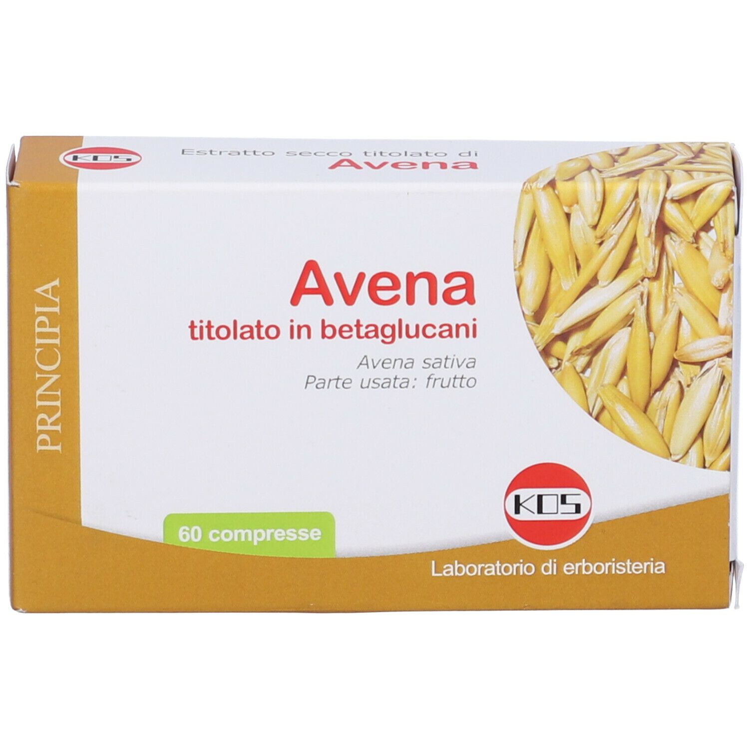Scatola con stampa del prodotto. Scritta: Avena titolato in betaglucani, 60 compresse. Logo KOS.